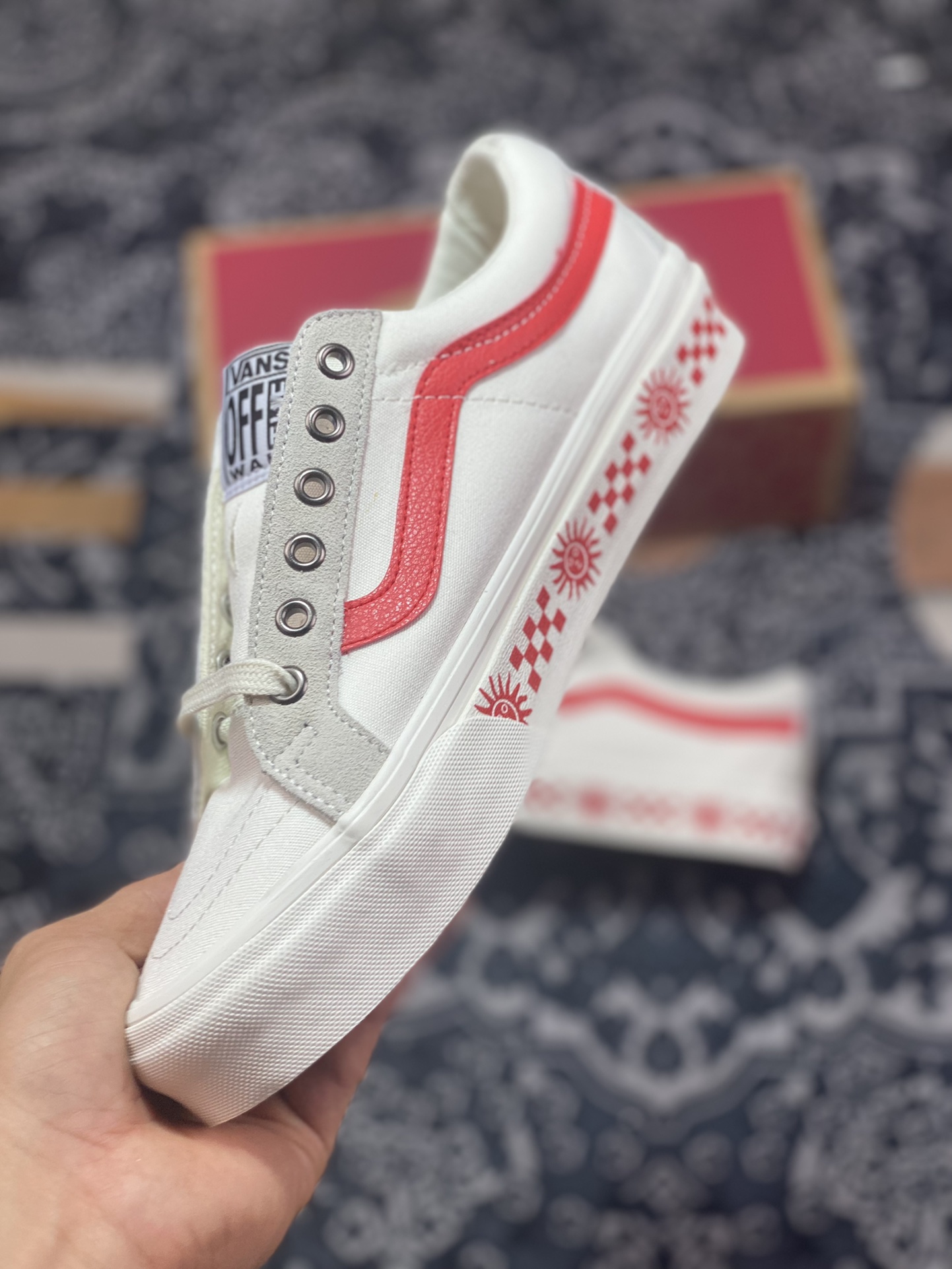 Vans Sk8-Low Reissue SF White and Red Sun Checkerboard Print Canvas Skateboard Shoes VN0A4UWIB80