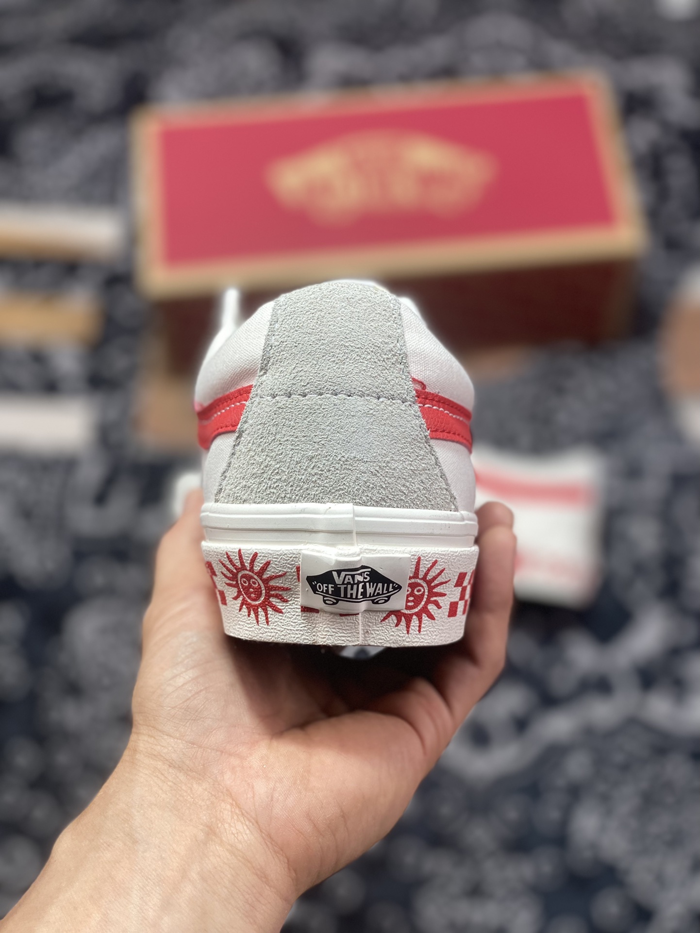 Vans Sk8-Low Reissue SF White and Red Sun Checkerboard Print Canvas Skateboard Shoes VN0A4UWIB80