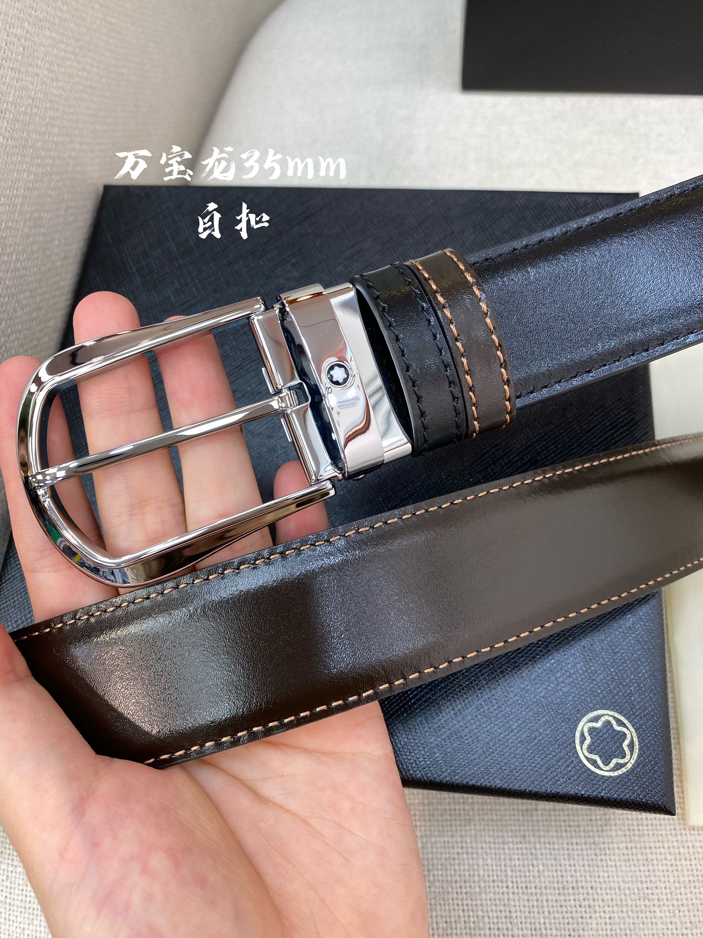 Montblanc万宝龙宽3.5cm采用头层牛皮精品针式扣头自由裁剪商务休闲皮带