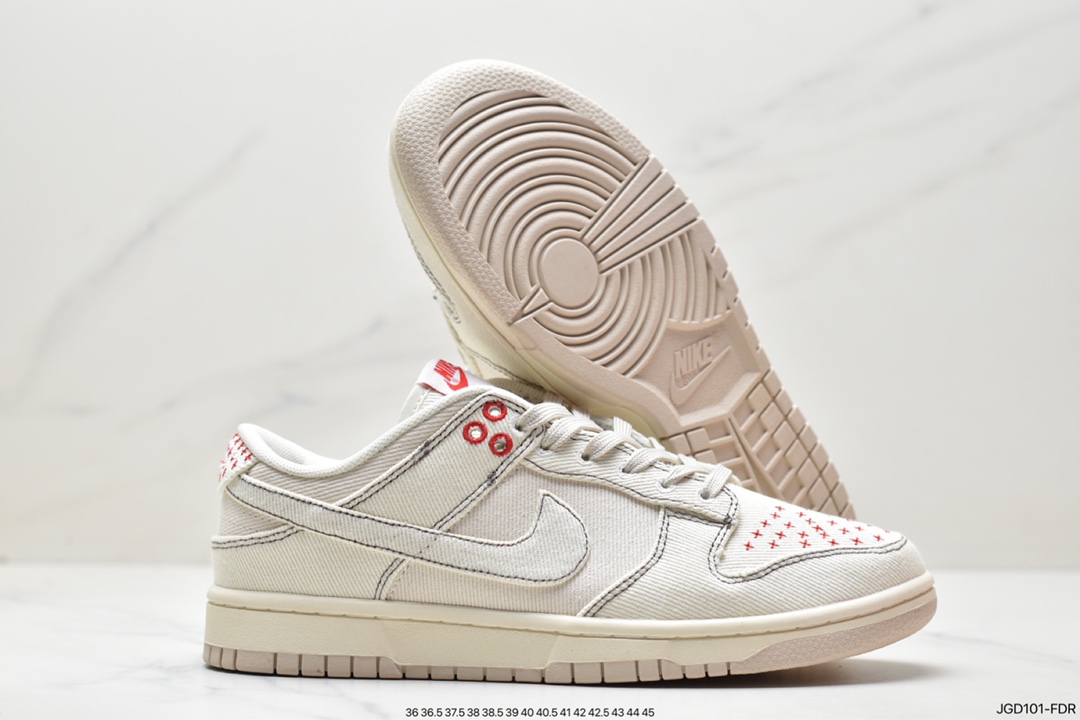 180 耐克Nike SB Dunk Low”Light Orewood Brown”扣篮系列低帮板鞋“帆布米白红十字绣”DV0834-100