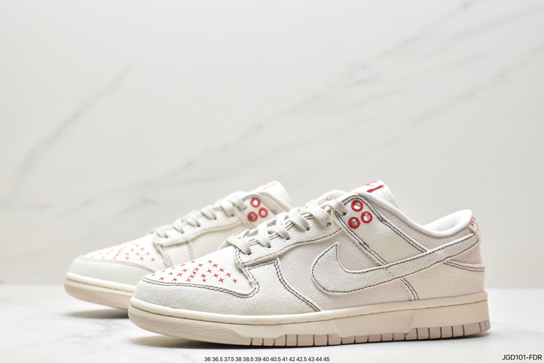 180 耐克Nike SB Dunk Low”Light Orewood Brown”扣篮系列低帮板鞋“帆布米白红十字绣”DV0834-100