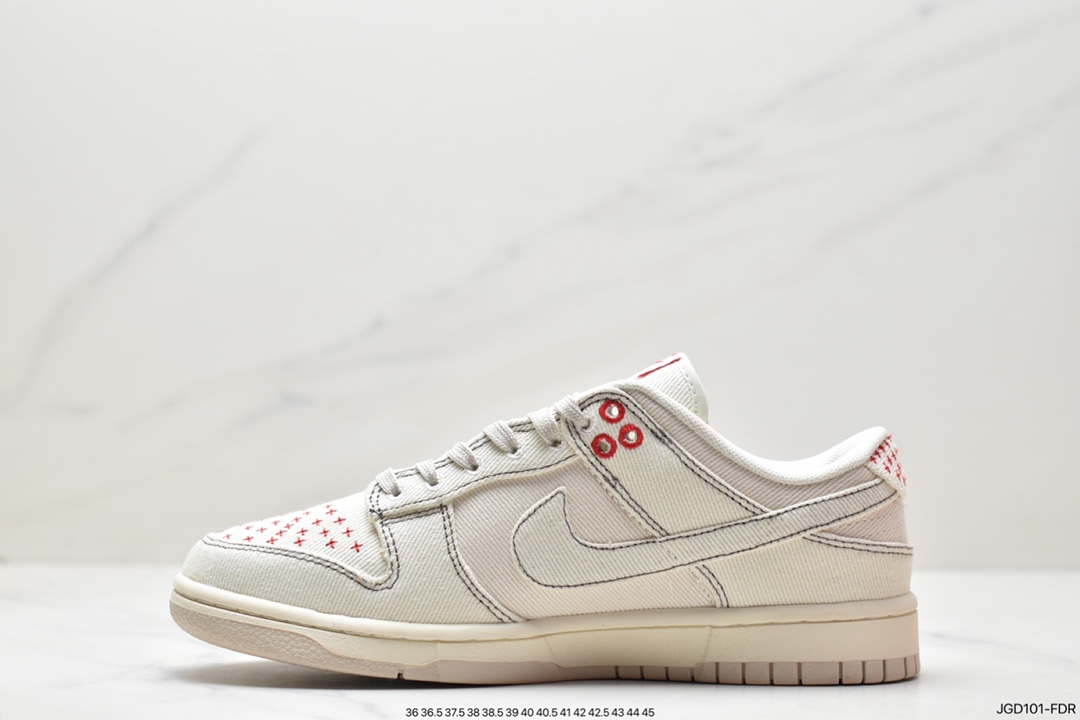 180 耐克Nike SB Dunk Low”Light Orewood Brown”扣篮系列低帮板鞋“帆布米白红十字绣”DV0834-100