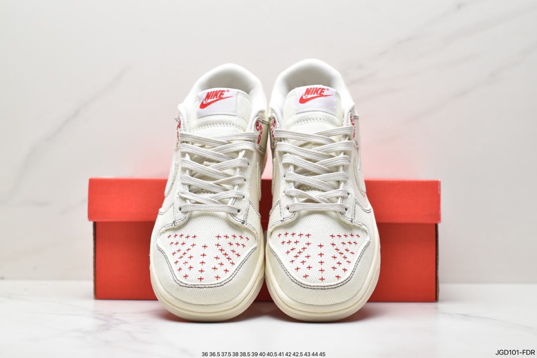 180 耐克Nike SB Dunk Low”Light Orewood Brown”扣篮系列低帮板鞋“帆布米白红十字绣”DV0834-100