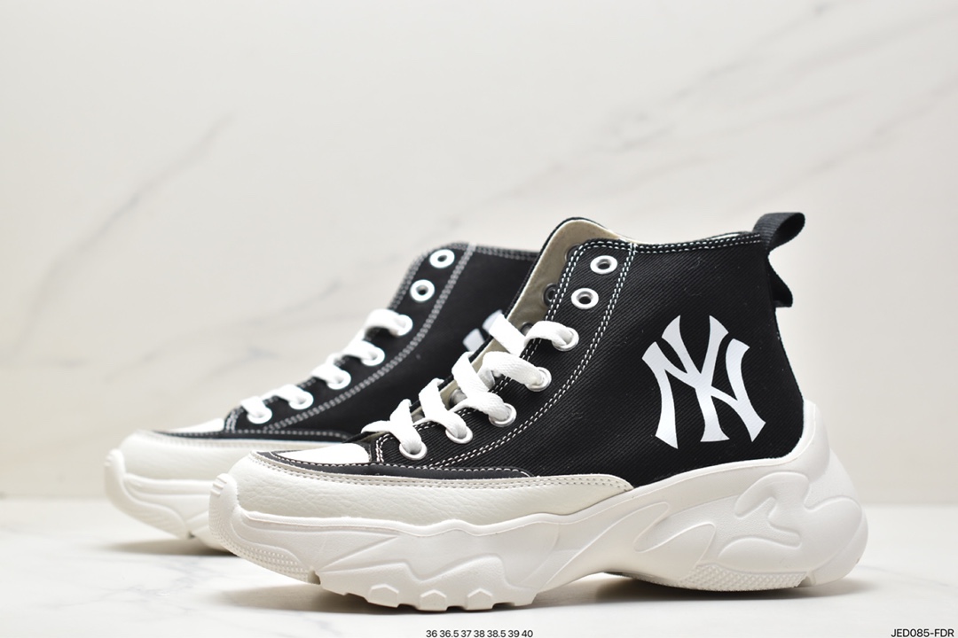 MLB Big Ball Chunky Lite Canvas Low Thick-soled Daddy Series Low-top Jogging Shoes ”Canvas Black and White NY Print” 3ASHUL12N (C0001)