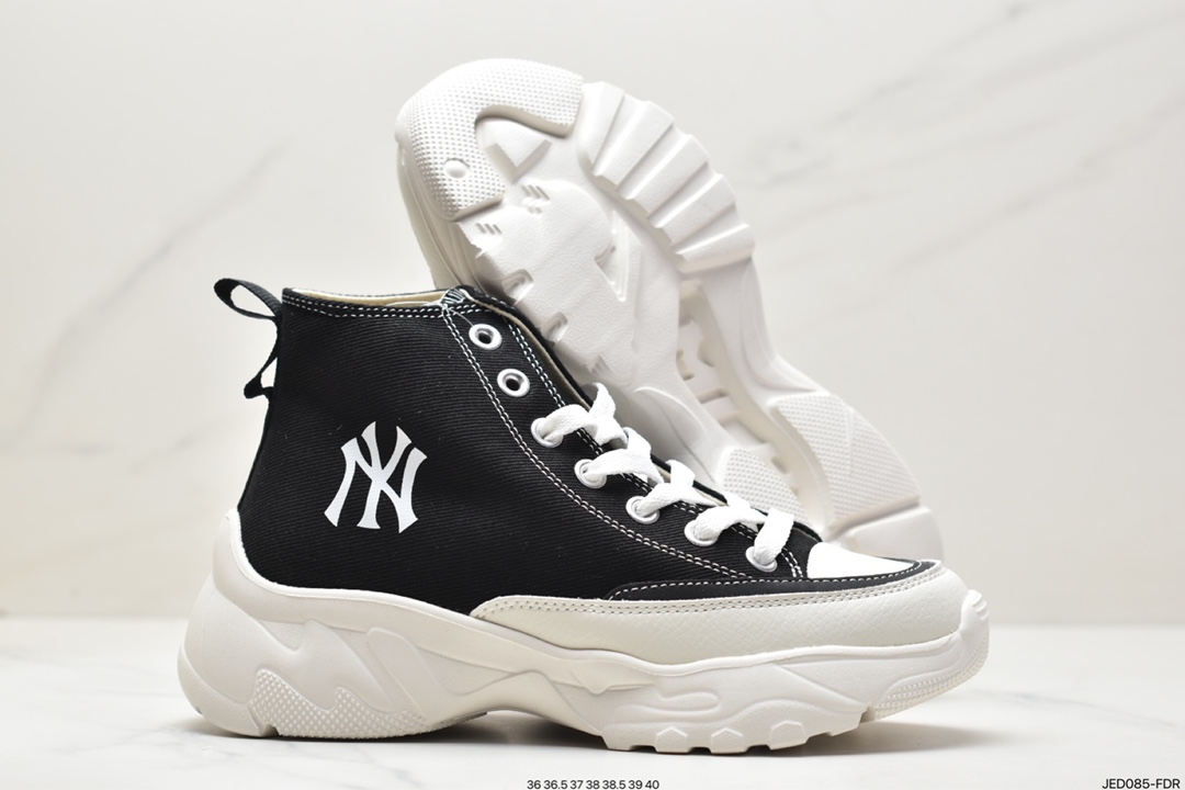 MLB Big Ball Chunky Lite Canvas Low Thick-soled Daddy Series Low-top Jogging Shoes ”Canvas Black and White NY Print” 3ASHUL12N (C0001)