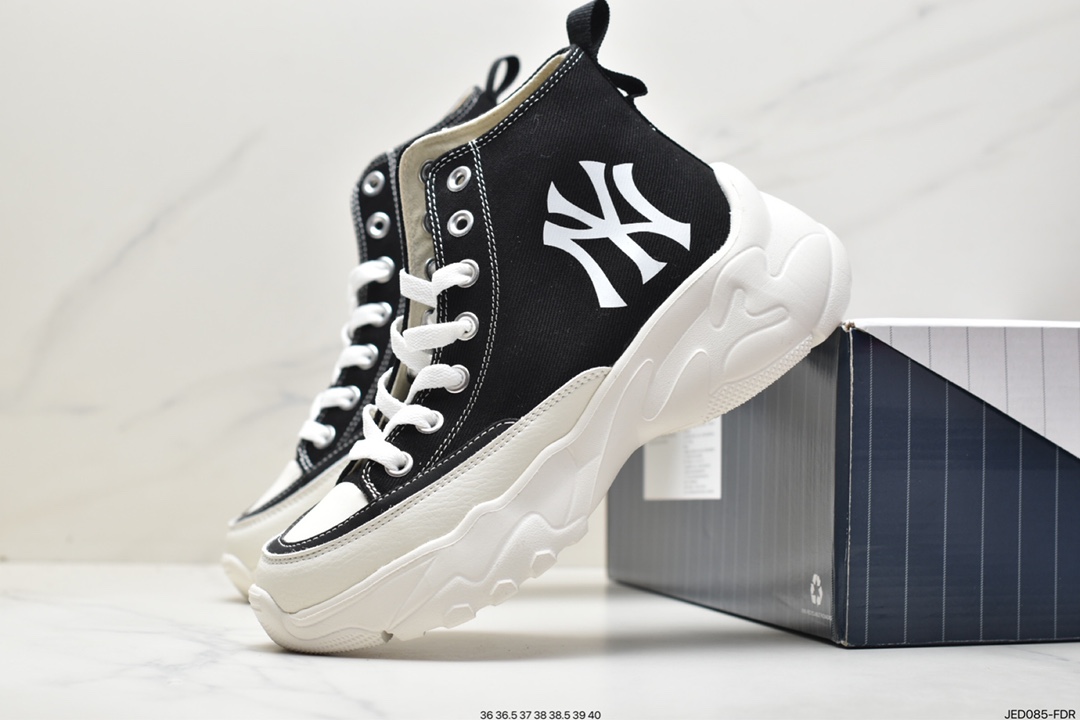 MLB Big Ball Chunky Lite Canvas Low Thick-soled Daddy Series Low-top Jogging Shoes ”Canvas Black and White NY Print” 3ASHUL12N (C0001)