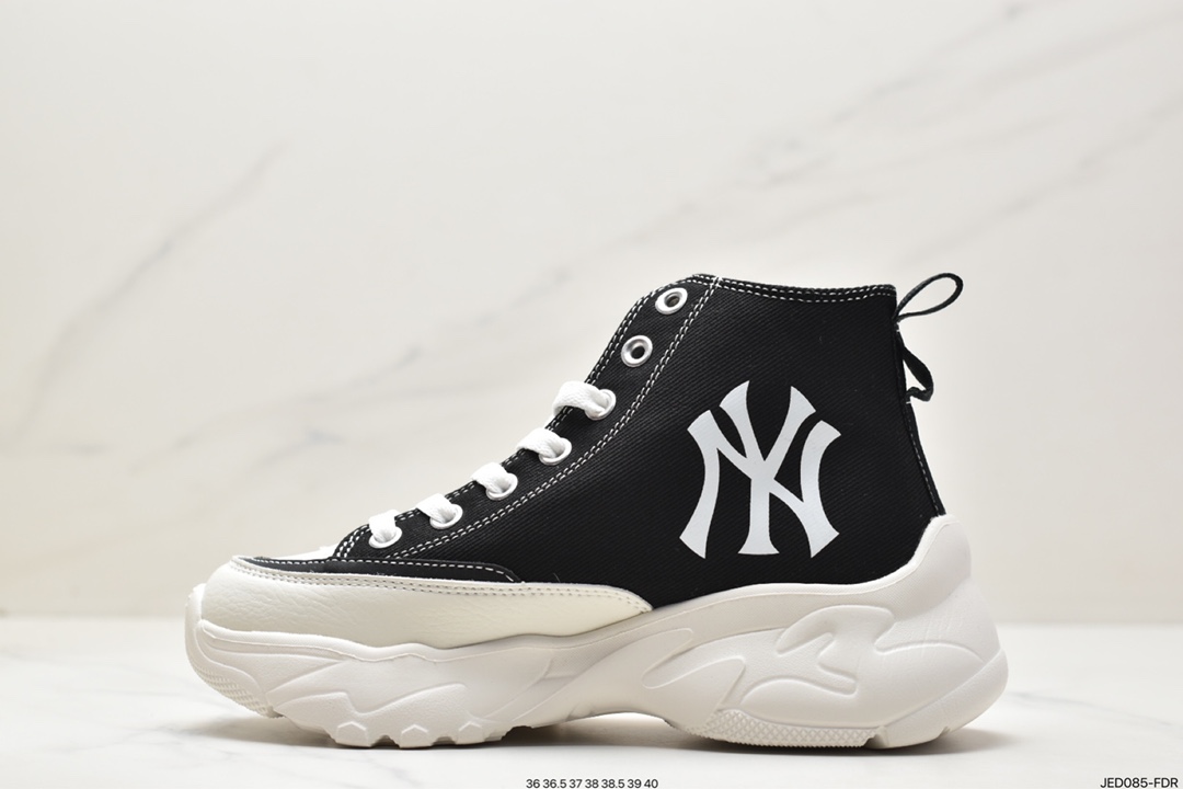 MLB Big Ball Chunky Lite Canvas Low Thick-soled Daddy Series Low-top Jogging Shoes ”Canvas Black and White NY Print” 3ASHUL12N (C0001)