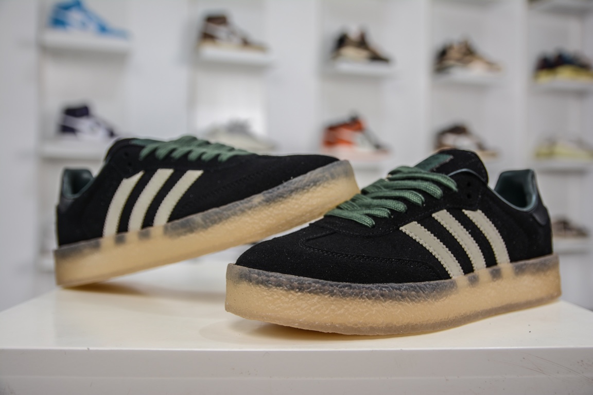 KITH x Clarks x Adidas Originals 8th Street Samba ”Shadow Green” Samba Sneakers ”Black and White Green Rubber Sole ID7299