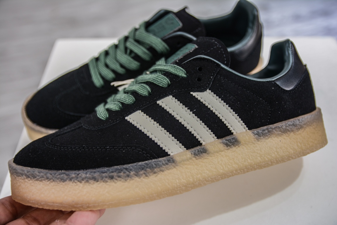 KITH x Clarks x Adidas Originals 8th Street Samba ”Shadow Green” Samba Sneakers ”Black and White Green Rubber Sole ID7299