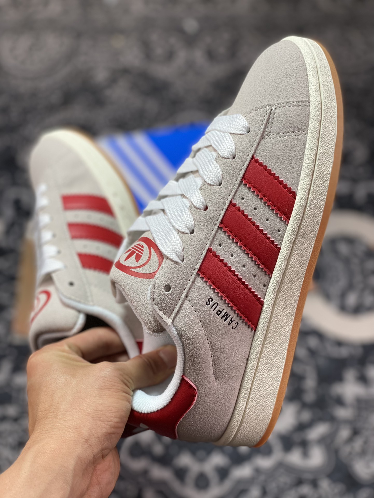 Adidas Originals Campus 00s College Series Bread Style Classic Sneakers ”Suede Light Gray Burgundy Raw Rubber Sole” GY0037