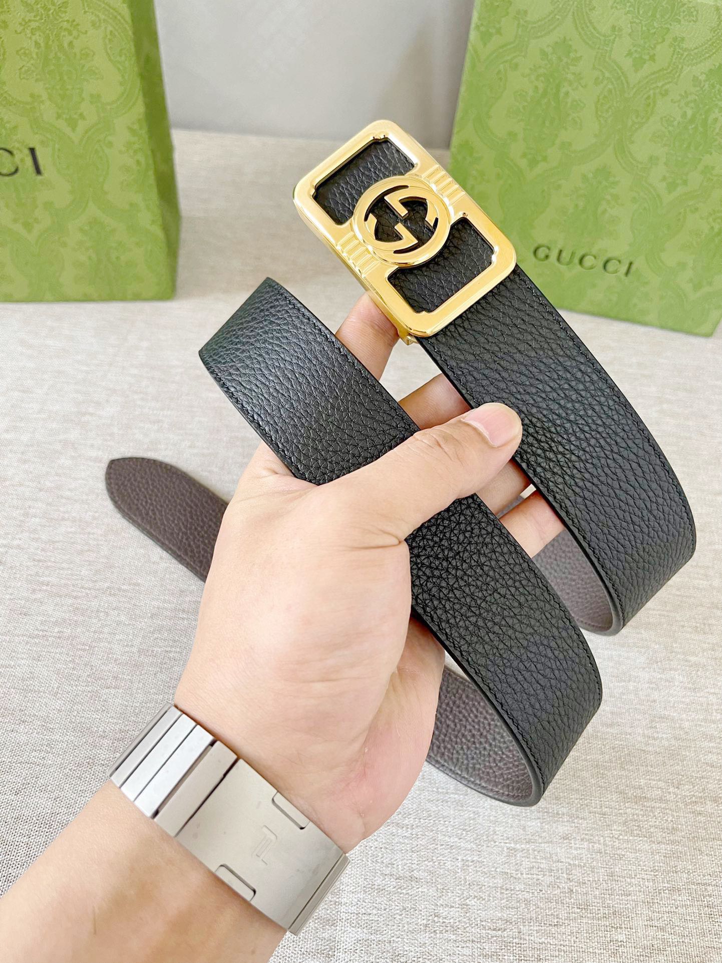 古驰原厂进口双面荔枝纹小牛皮头层黑色