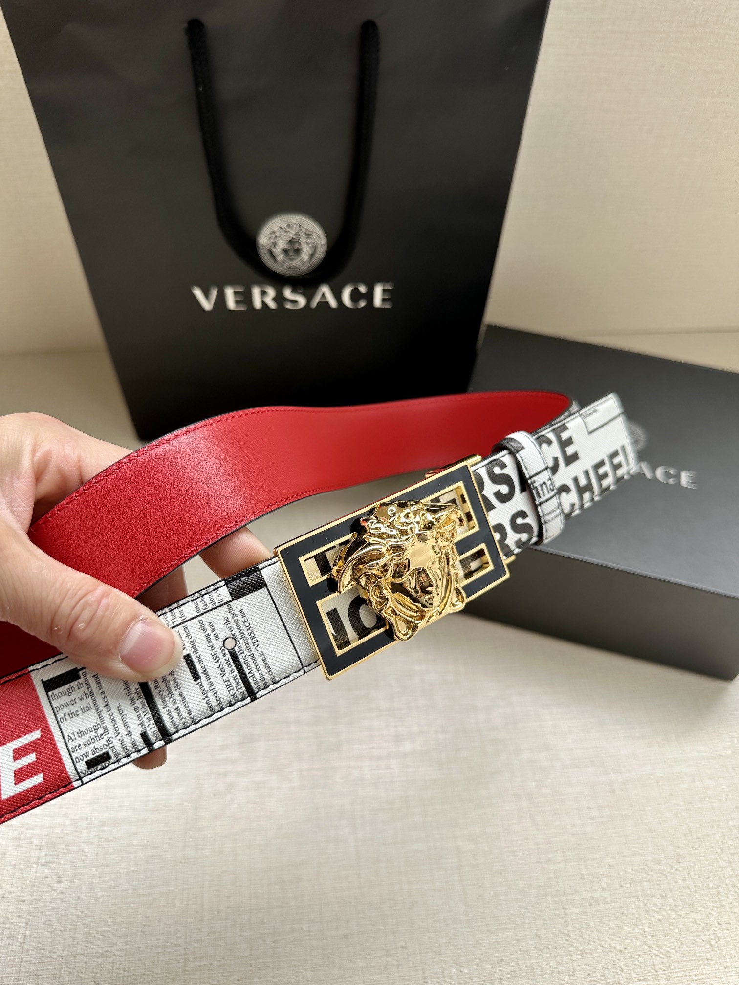 宽度3.8cmVERSACE/FENDI标志造型宽皮带联名钉扣/旋转式美人头扣范思哲原版进3D打印花绘印