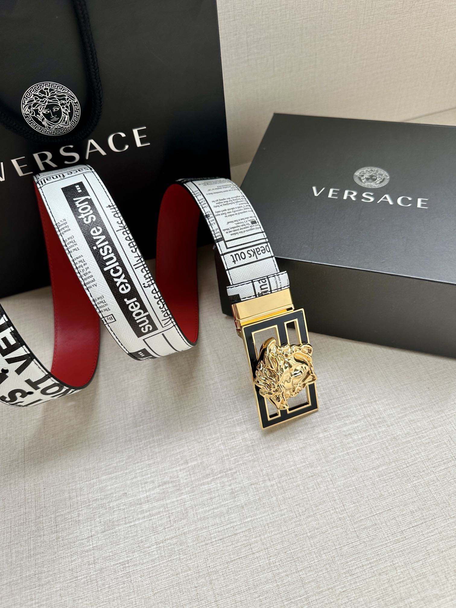 宽度3.8cmVERSACE/FENDI标志造型宽皮带联名钉扣/旋转式美人头扣范思哲原版进3D打印花绘印