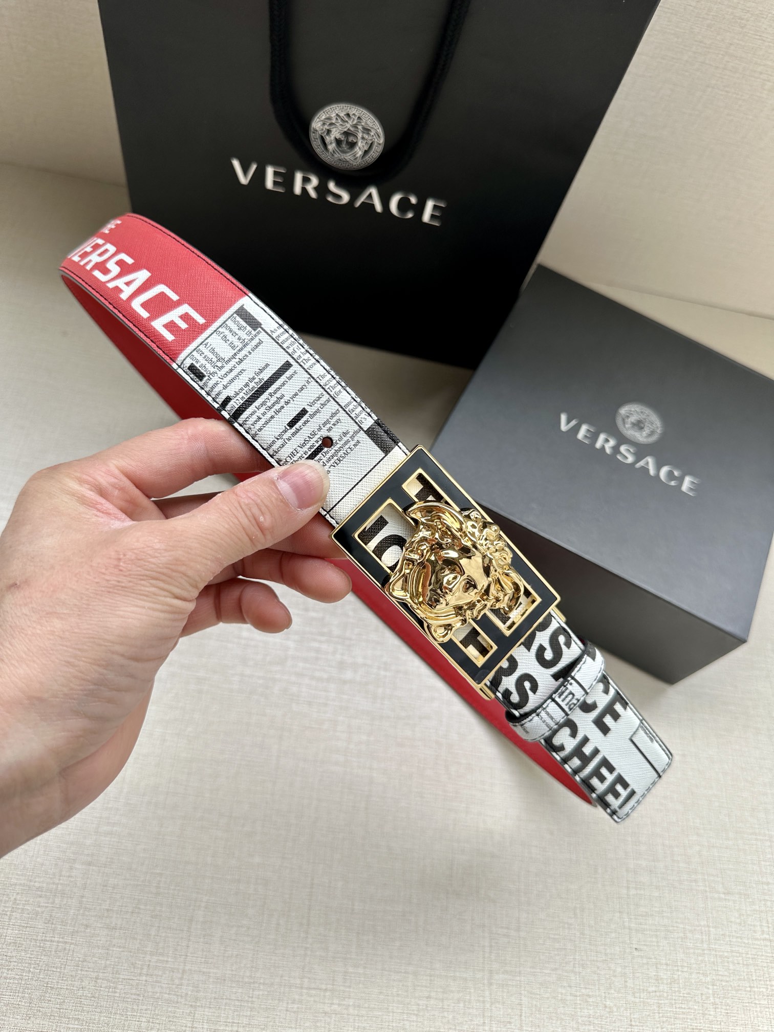 宽度3.8cmVERSACE/FENDI标志造型宽皮带联名钉扣/旋转式美人头扣范思哲原版进3D打印花绘印