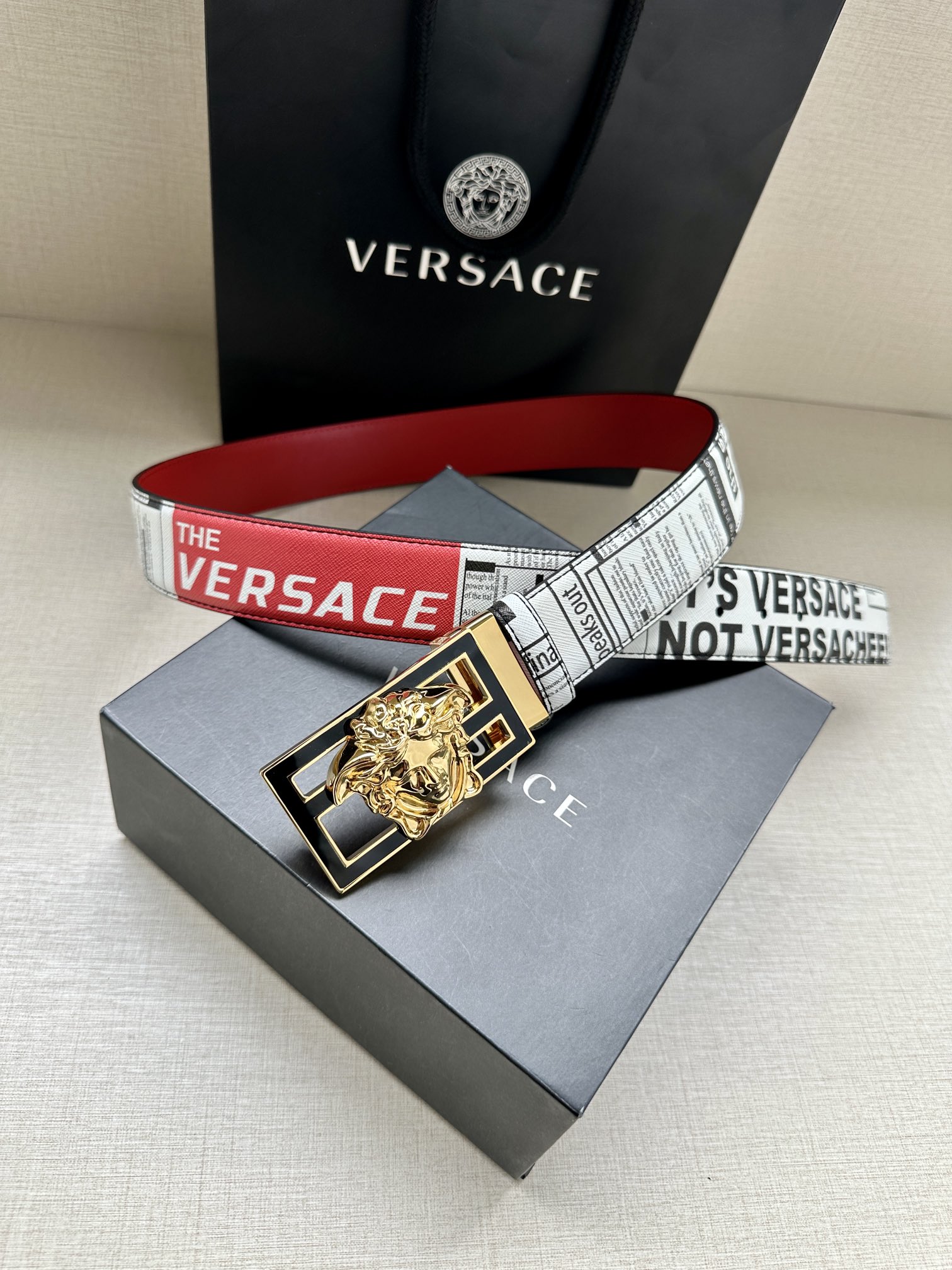 宽度3.8cmVERSACE/FENDI标志造型宽皮带联名钉扣/旋转式美人头扣范思哲原版进3D打印花绘印