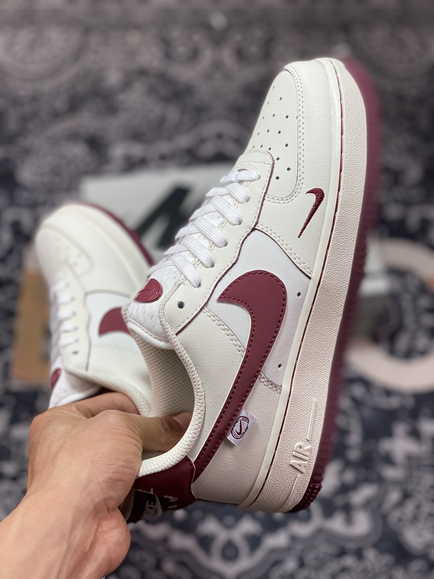 Nike Air Force 1 '07 Low QS ”Sail White/Brown/Mint Blue Swoosh” Air Force One Sneakers ”Leather Beige Wine Red Small Hook” FB1839-215