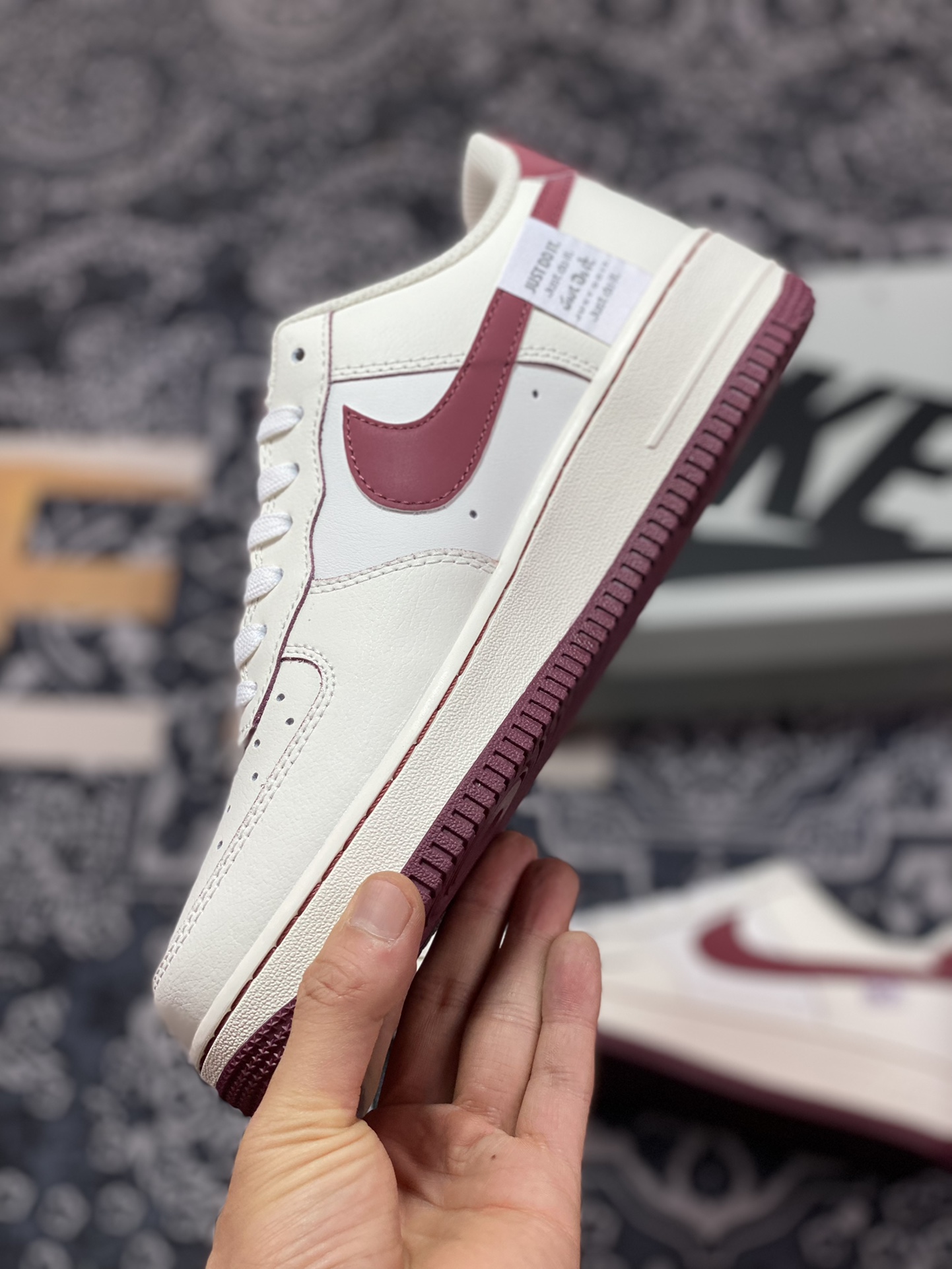 Nike Air Force 1 '07 Low QS ”Sail White/Brown/Mint Blue Swoosh” Air Force One Sneakers ”Leather Beige Wine Red Small Hook” FB1839-215