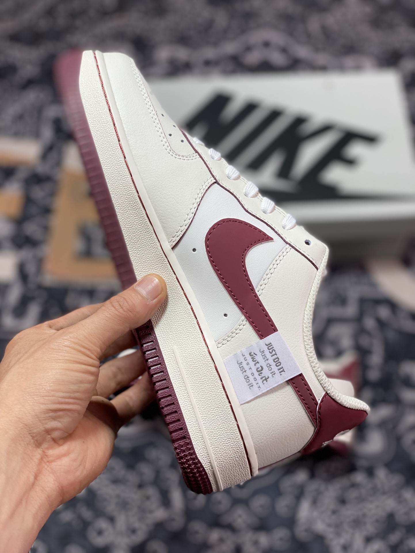 Nike Air Force 1 '07 Low QS ”Sail White/Brown/Mint Blue Swoosh” Air Force One Sneakers ”Leather Beige Wine Red Small Hook” FB1839-215