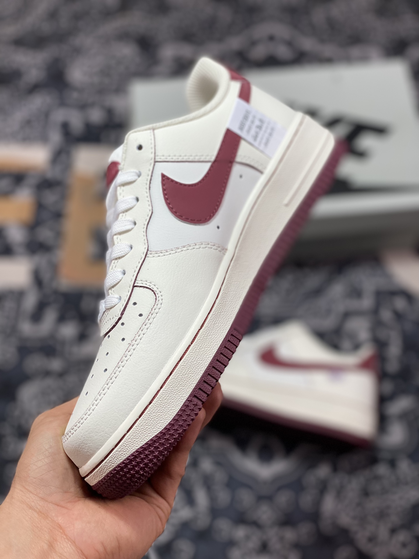 Nike Air Force 1 '07 Low QS ”Sail White/Brown/Mint Blue Swoosh” Air Force One Sneakers ”Leather Beige Wine Red Small Hook” FB1839-215