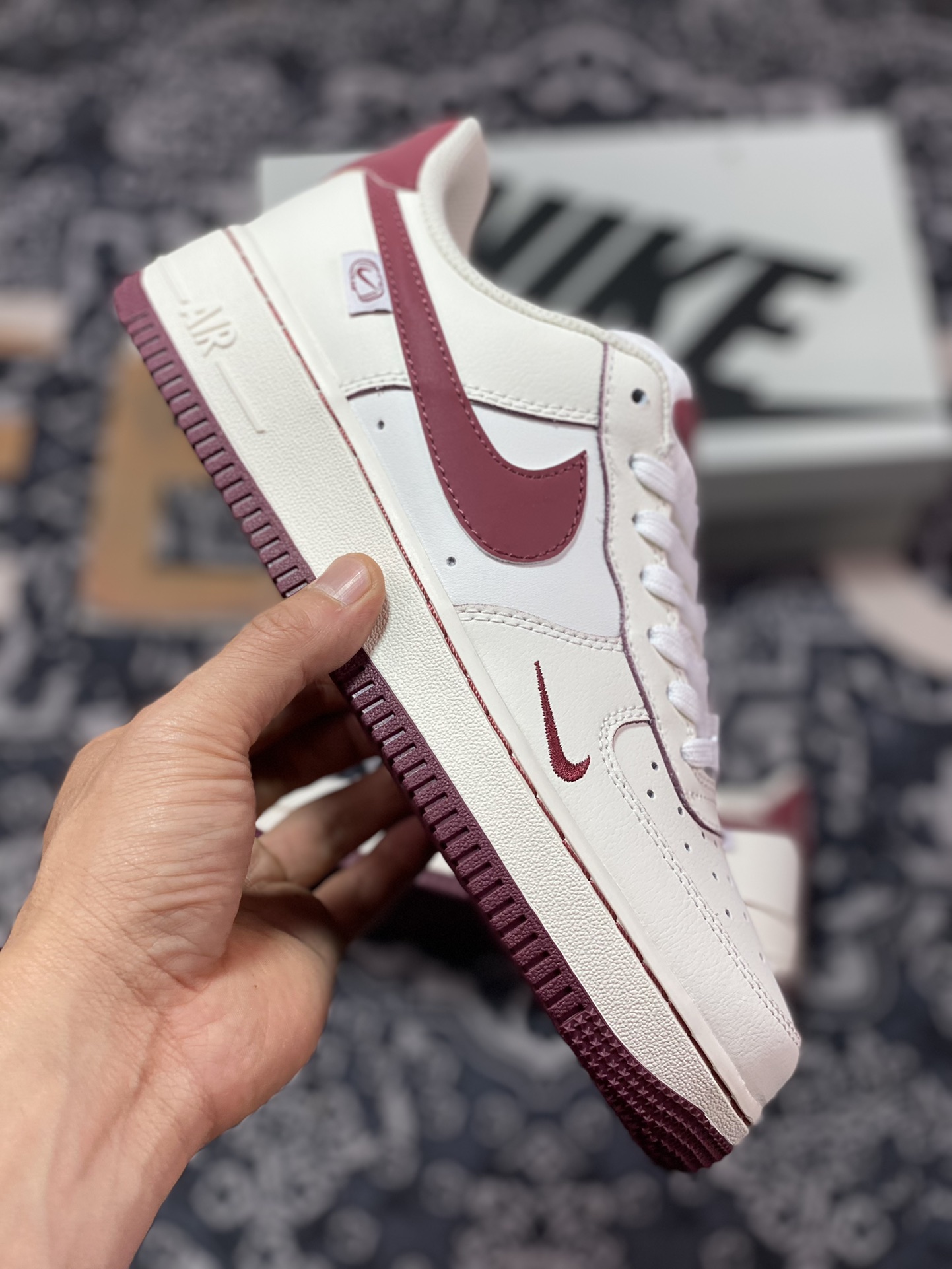 Nike Air Force 1 '07 Low QS ”Sail White/Brown/Mint Blue Swoosh” Air Force One Sneakers ”Leather Beige Wine Red Small Hook” FB1839-215