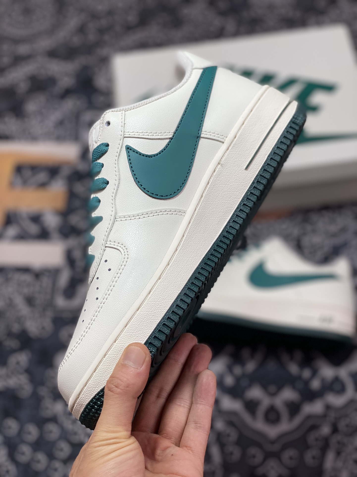 Nike Air Force 1'07 Low ”Beige/Lake Green/Jumbo Swoosh” Air Force One sneakers ”Leather Beige Lake Green Jumbo Swoosh” SP0758-027