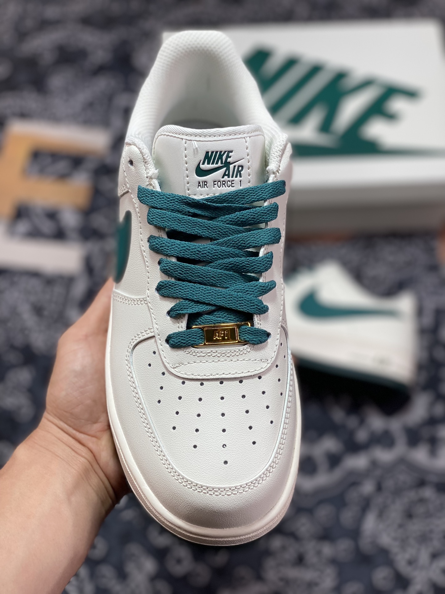 Nike Air Force 1'07 Low ”Beige/Lake Green/Jumbo Swoosh” Air Force One sneakers ”Leather Beige Lake Green Jumbo Swoosh” SP0758-027