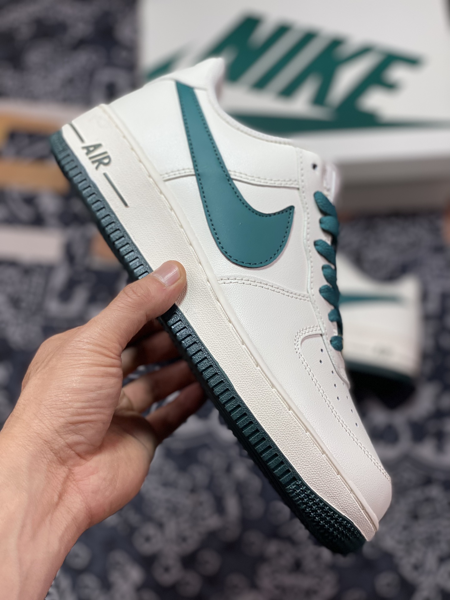 Nike Air Force 1'07 Low ”Beige/Lake Green/Jumbo Swoosh” Air Force One sneakers ”Leather Beige Lake Green Jumbo Swoosh” SP0758-027