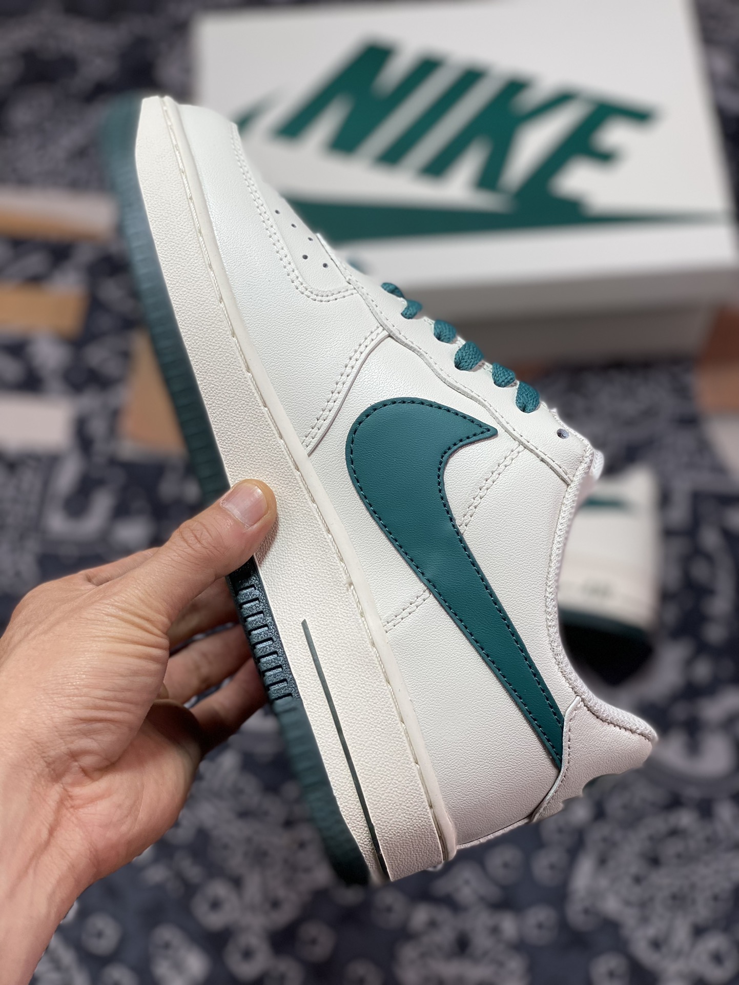 Nike Air Force 1'07 Low ”Beige/Lake Green/Jumbo Swoosh” Air Force One sneakers ”Leather Beige Lake Green Jumbo Swoosh” SP0758-027