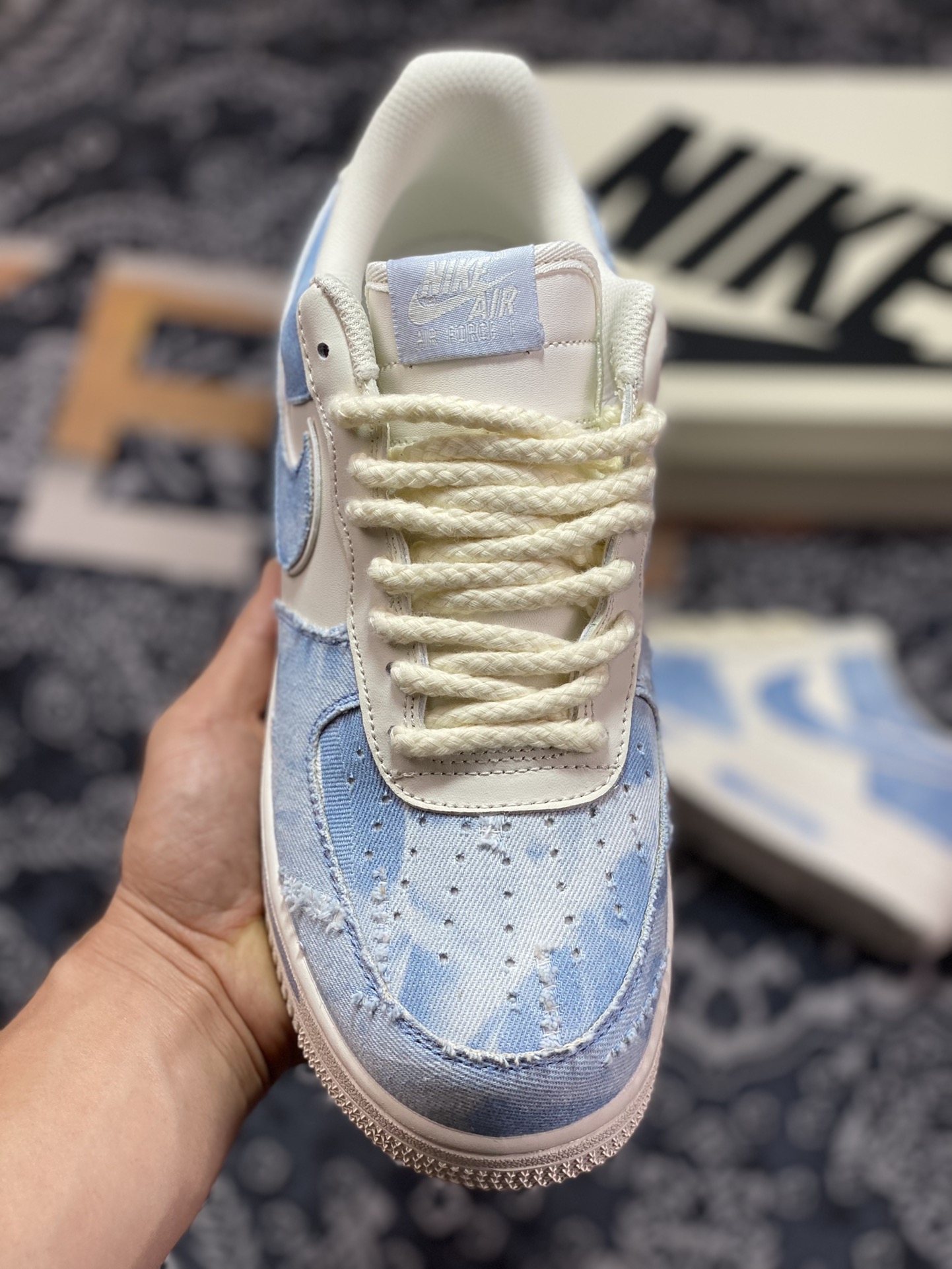 Nike Air Force 1 Low ”Exclusive Denim” Air Force One low-top sneakers ”Cream White Washed Denim Light Blue Holes” CW1888-611