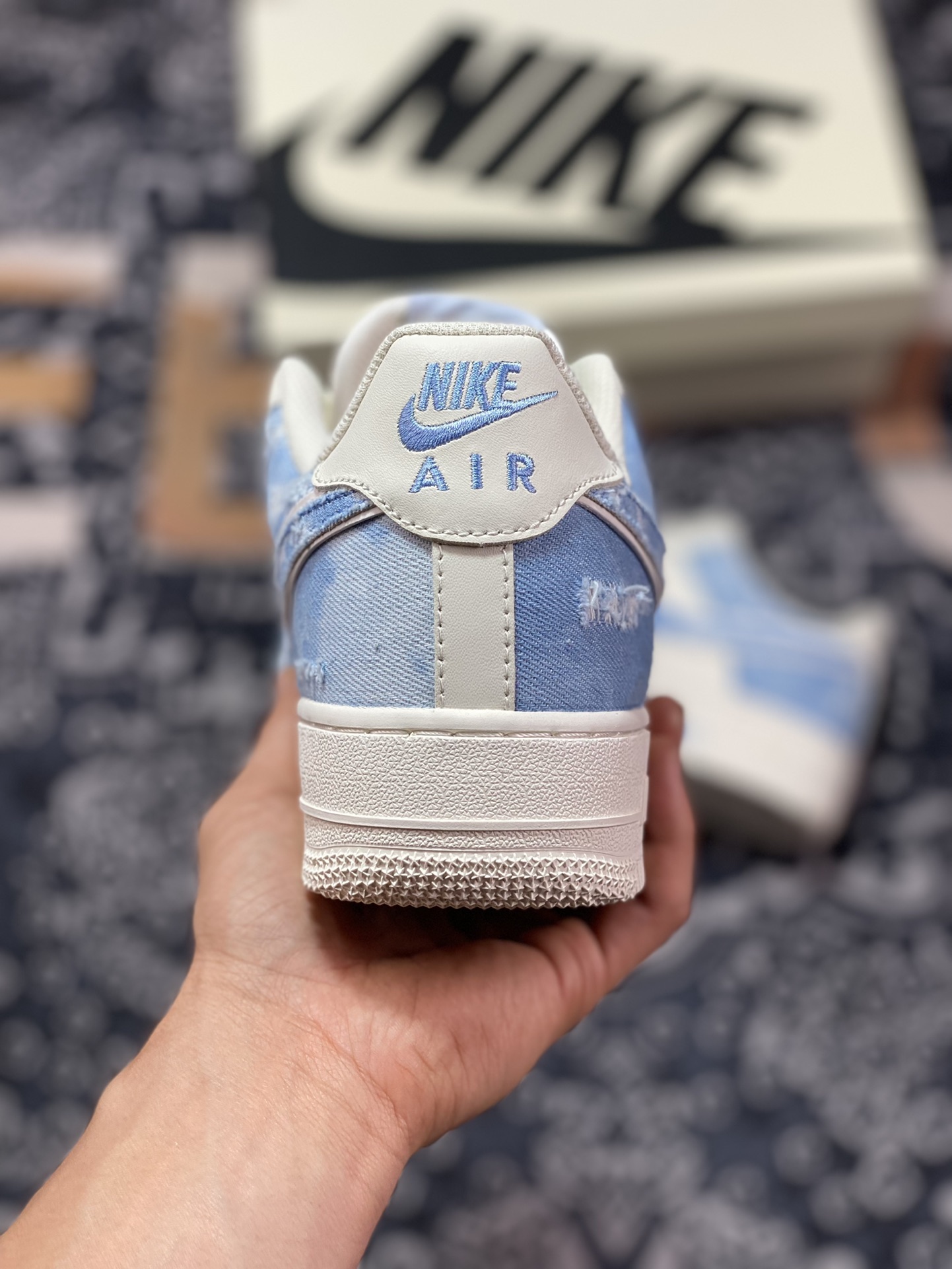 Nike Air Force 1 Low ”Exclusive Denim” Air Force One low-top sneakers ”Cream White Washed Denim Light Blue Holes” CW1888-611