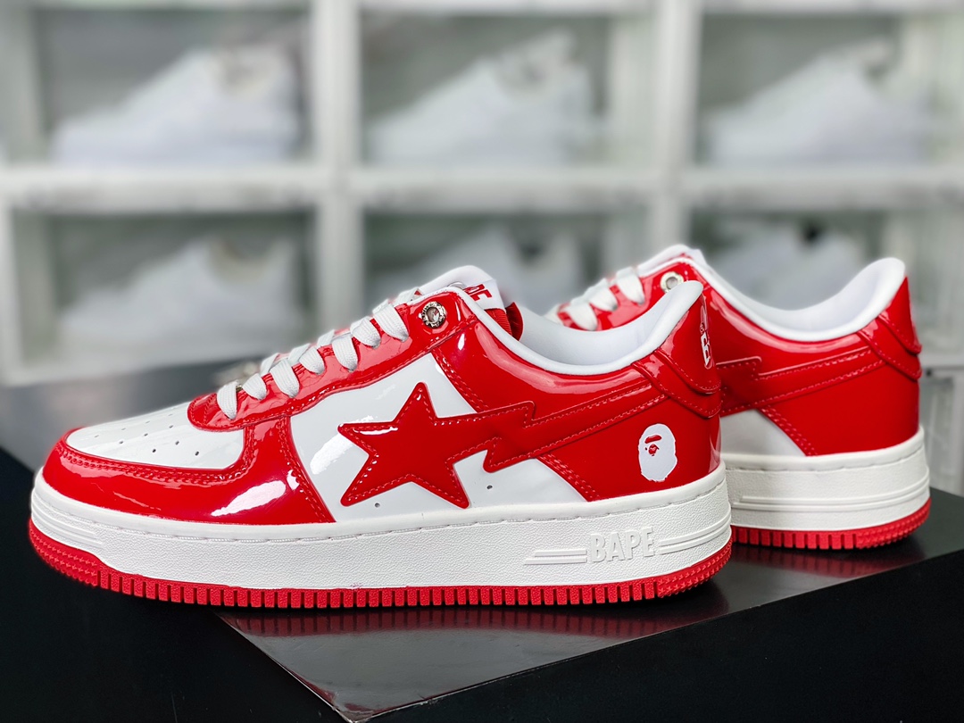 A Bathing 【Ape BAPE】 Sta Low Star Series Low-top Sneakers ”Patent Leather White Red” 001F-WH701-001