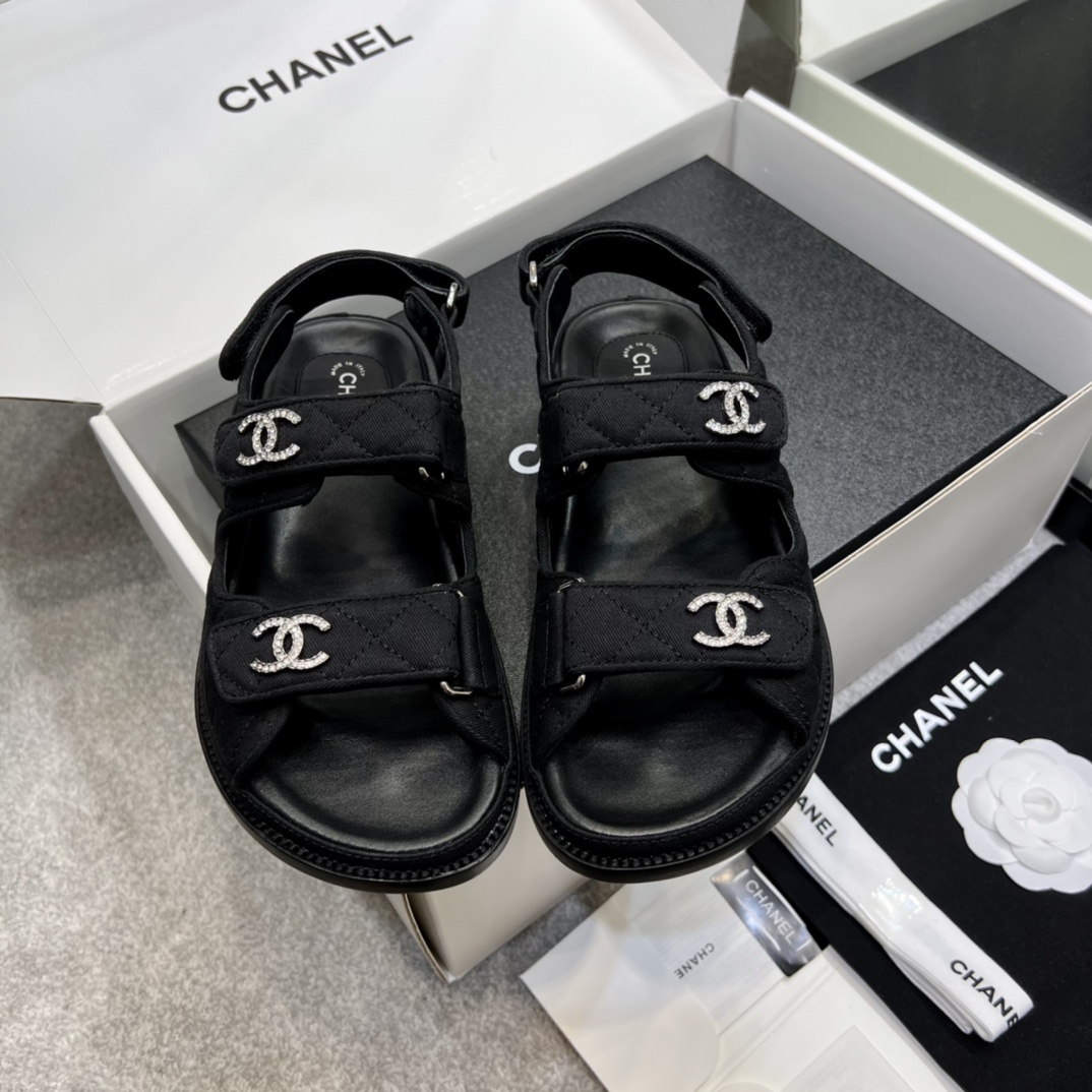 Chanel Shoes Sandals Black Gold Hardware Cotton Genuine Leather Sheepskin Beach