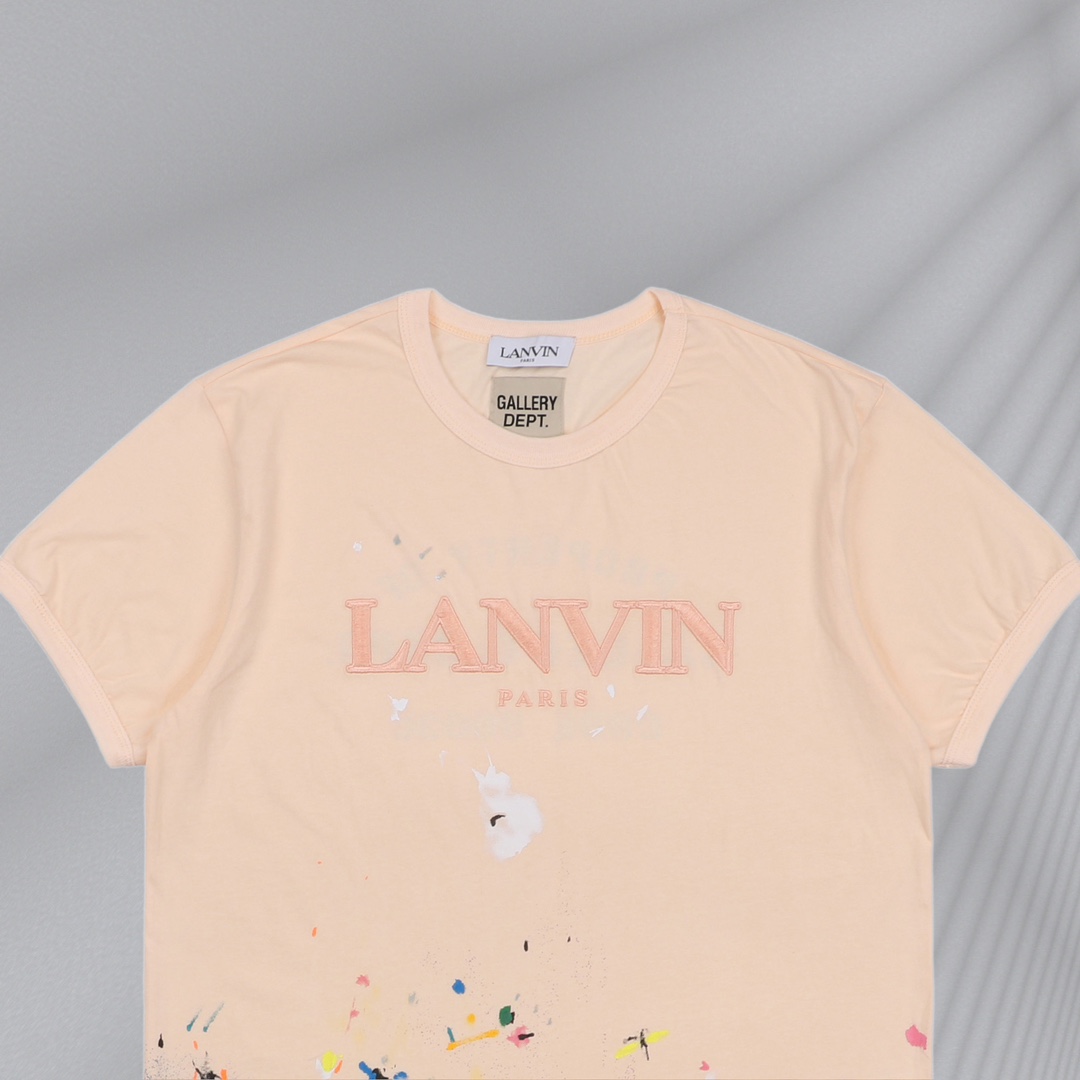 Lanvin x Gallery Dept联名 23ss 粉米色泼墨手绘字母刺绣短袖