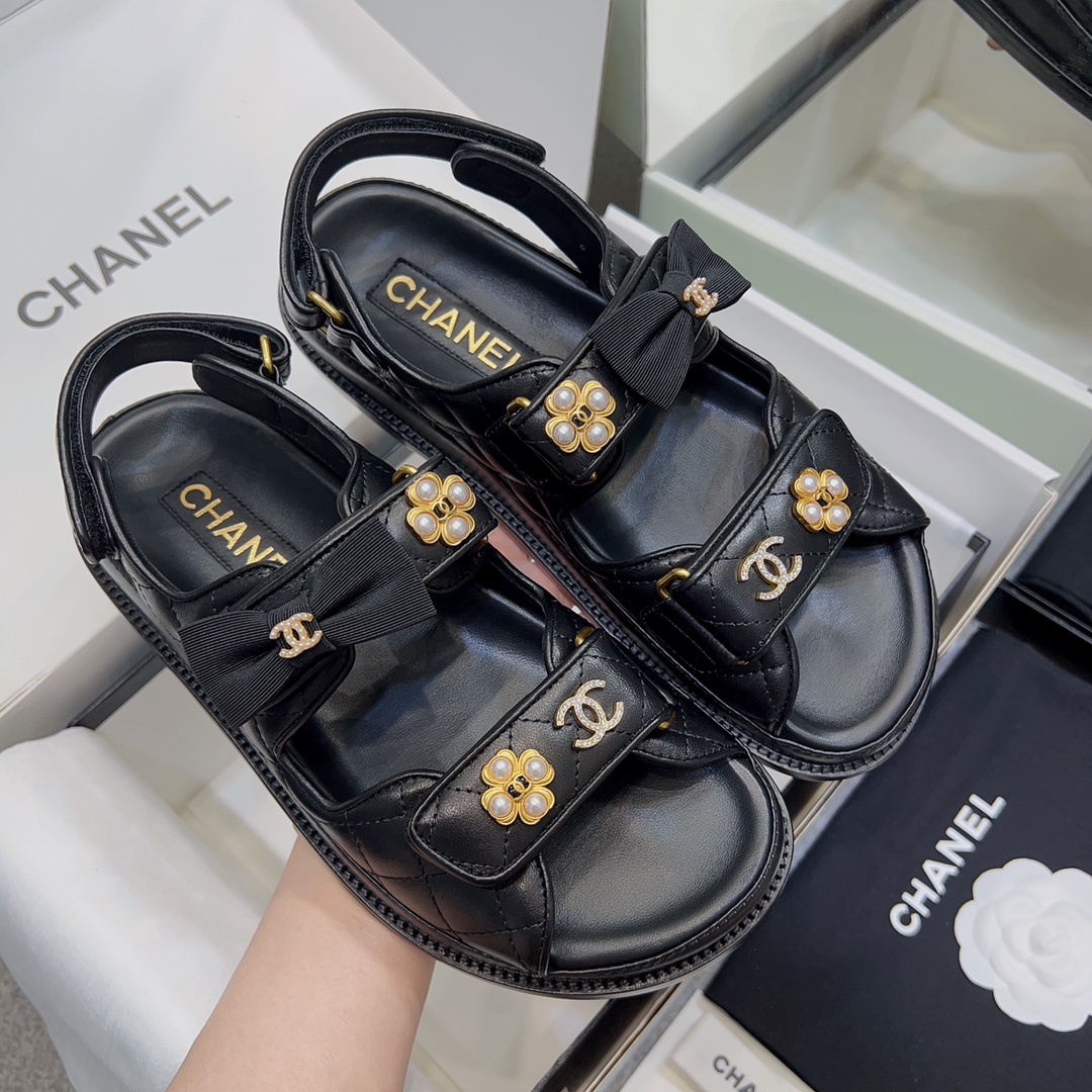 Chanel Shoes Sandals Gold Hardware Genuine Leather Sheepskin Beach