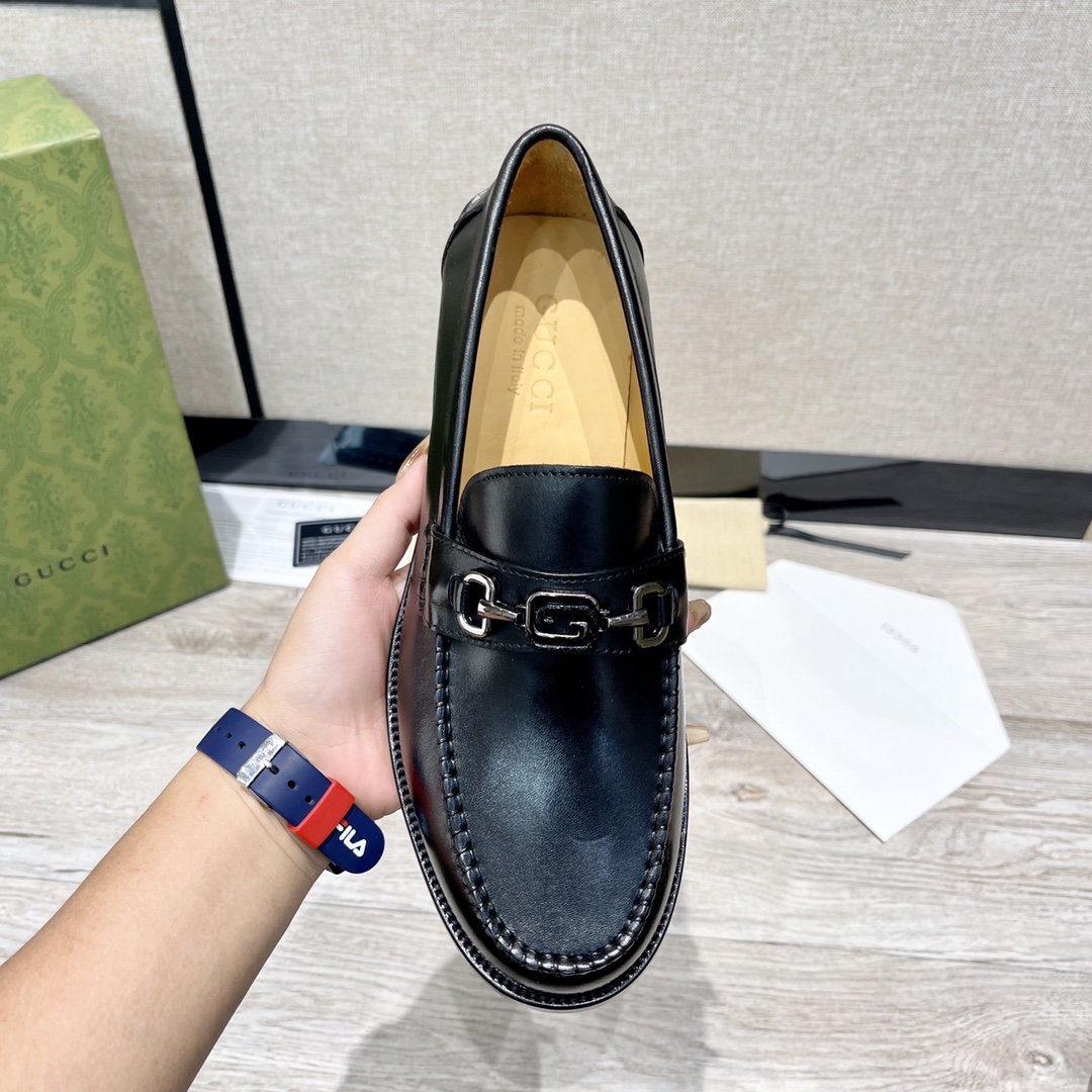 GUCCI メンズ ダブルGローファー 革靴 高級牛革使用