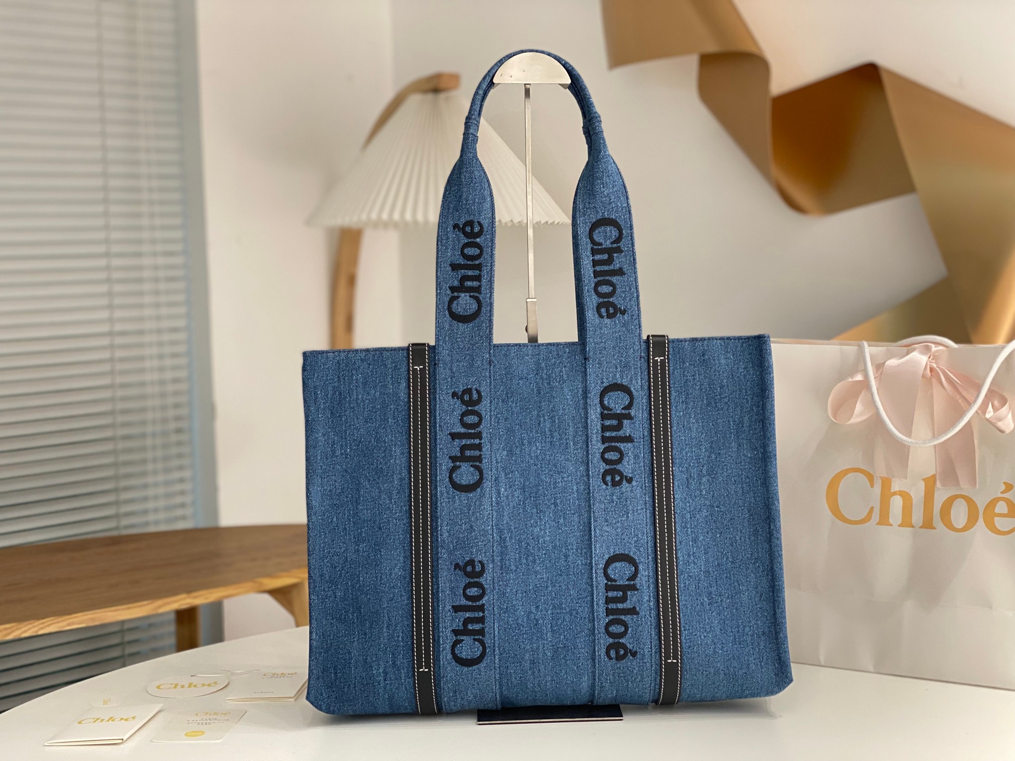 Chloe Tote Bags Blue Denim Tannin Summer Collection Woody Mini
