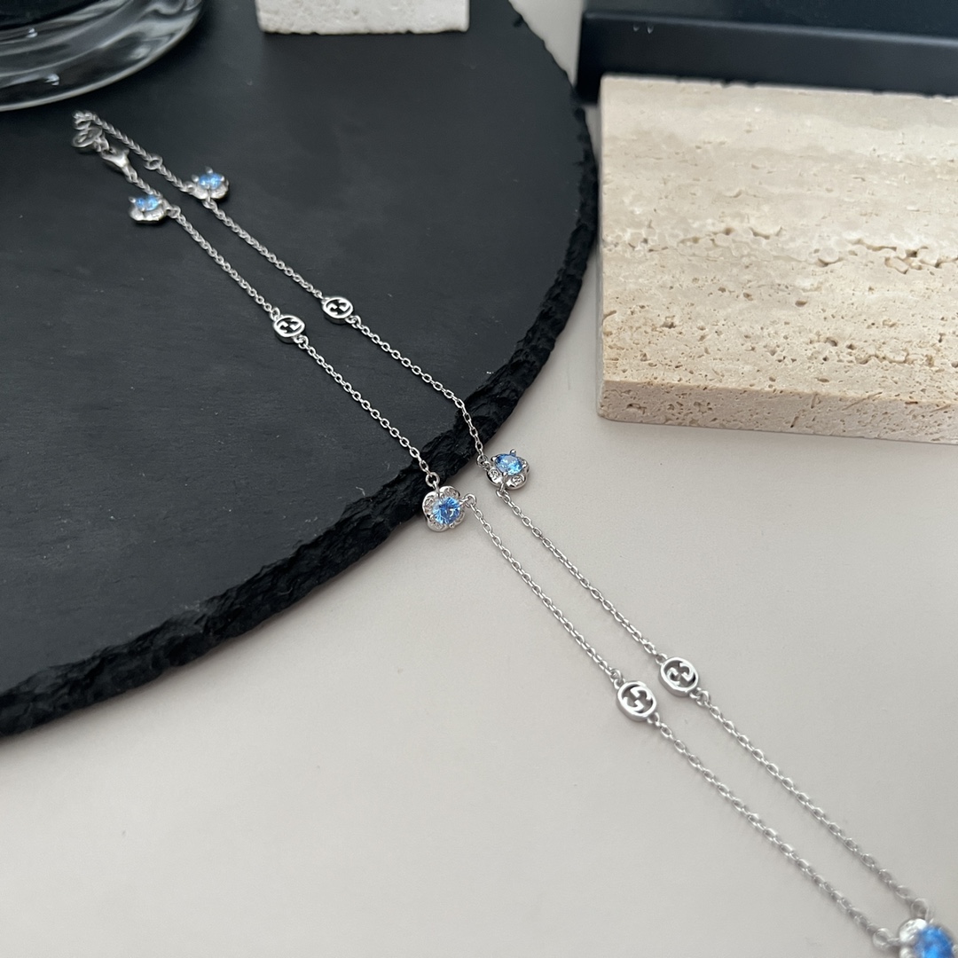 NO:360746,Gucci 925 sterling silver double G light blue gem platinum necklace size 42cm, Gucci necklace, gucci, gucci, necklace, pure silver19860909Gucci古驰925纯银双G浅蓝色宝石白金项链 尺寸42cm,古驰项链,gucci,gucci,necklace,pure silver,Jewelry