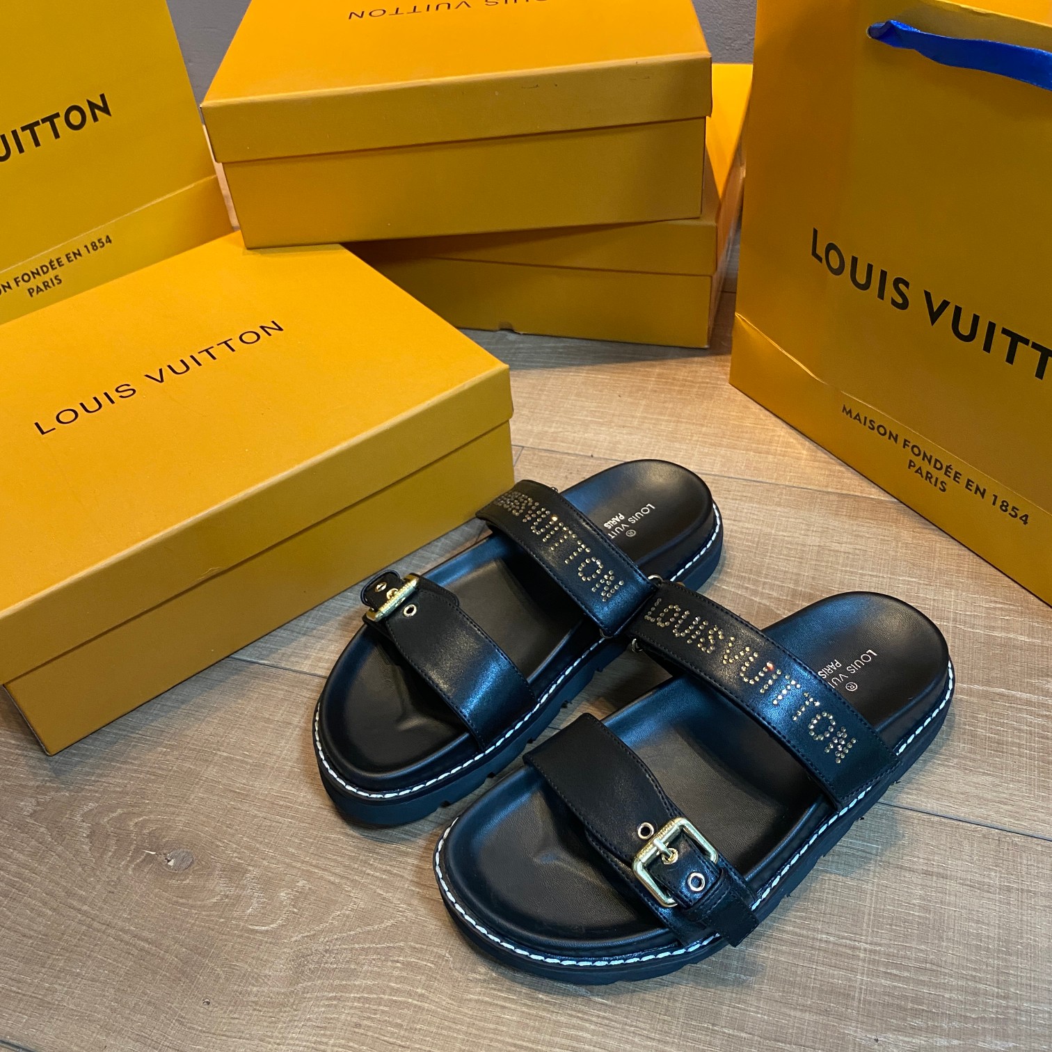 Louis Vuitton Shoes Slippers Black Blue Unisex Vintage