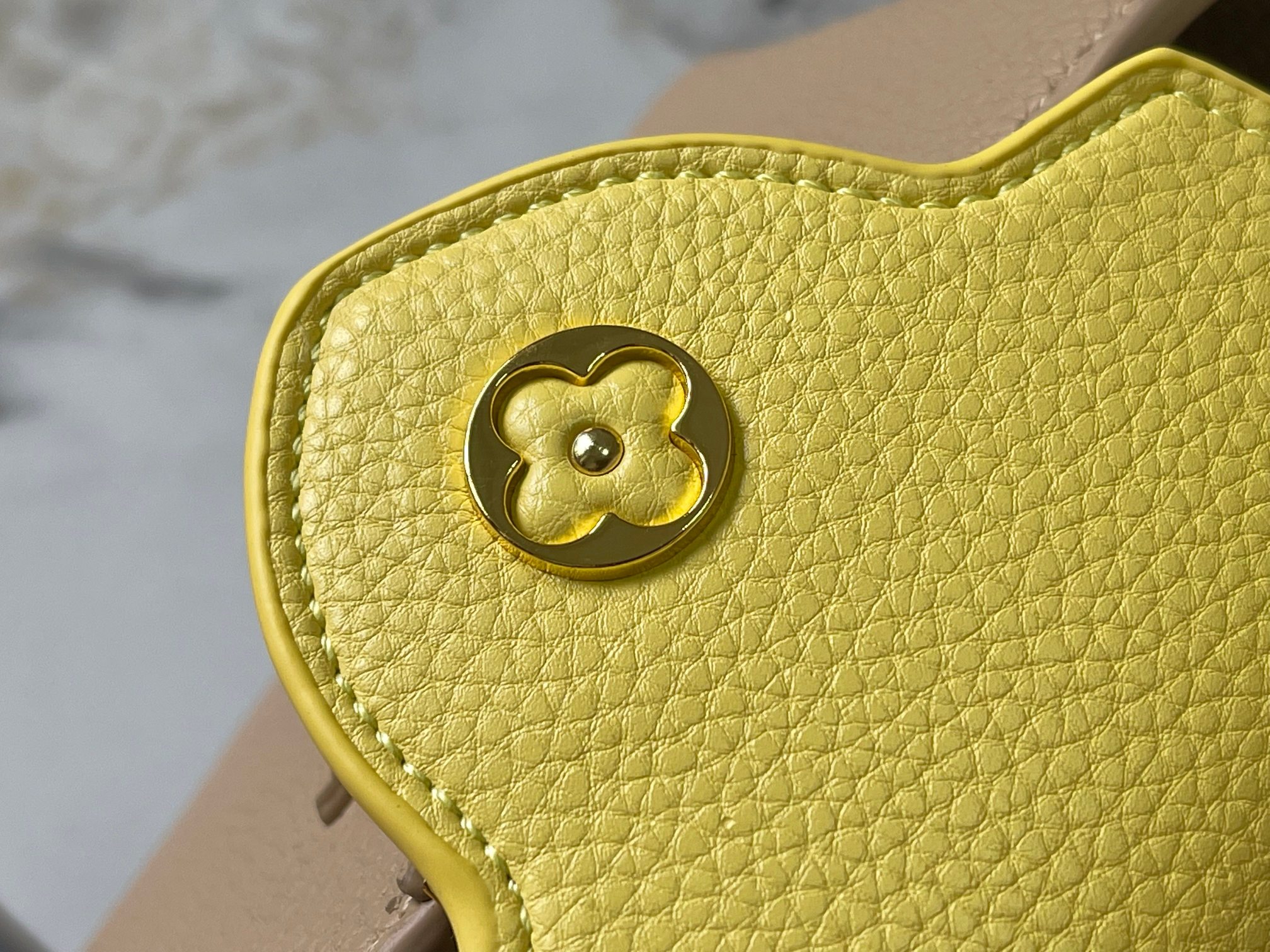 升级版 M20845杏色花卉三拼
本款 Cap-ucines 迷你手袋展现柔婉之美：Taurillon 