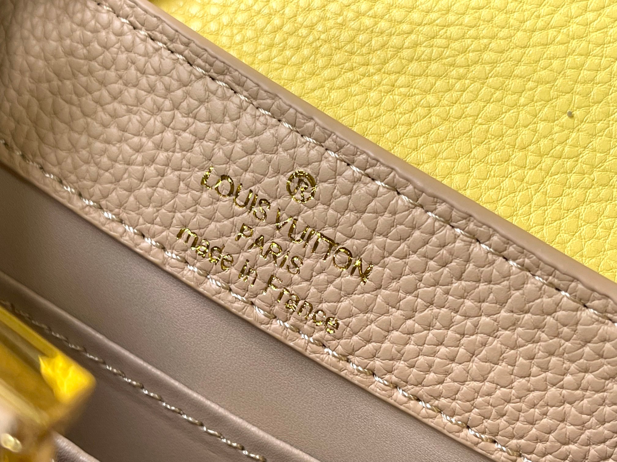 升级版 M20845杏色花卉三拼
本款 Cap-ucines 迷你手袋展现柔婉之美：Taurillon 