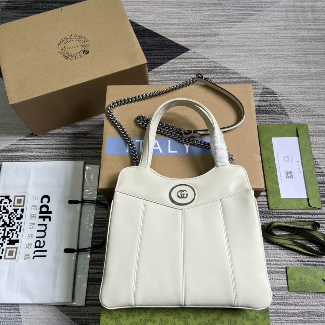 GUCCI 迷你GG 托特包 白色皮革 雙G配件 絎縫