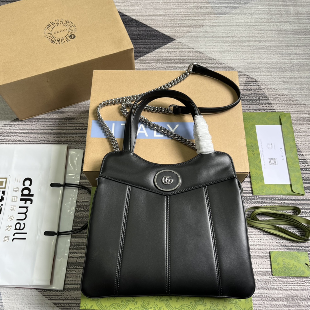 GUCCI 迷你托特包 黑色皮革 雙G配件 絎縫 雙提把 可拆卸肩帶