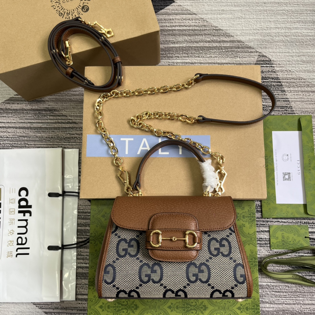 GUCCI 1955系列 迷你肩背包 PVC 織帶 棕色