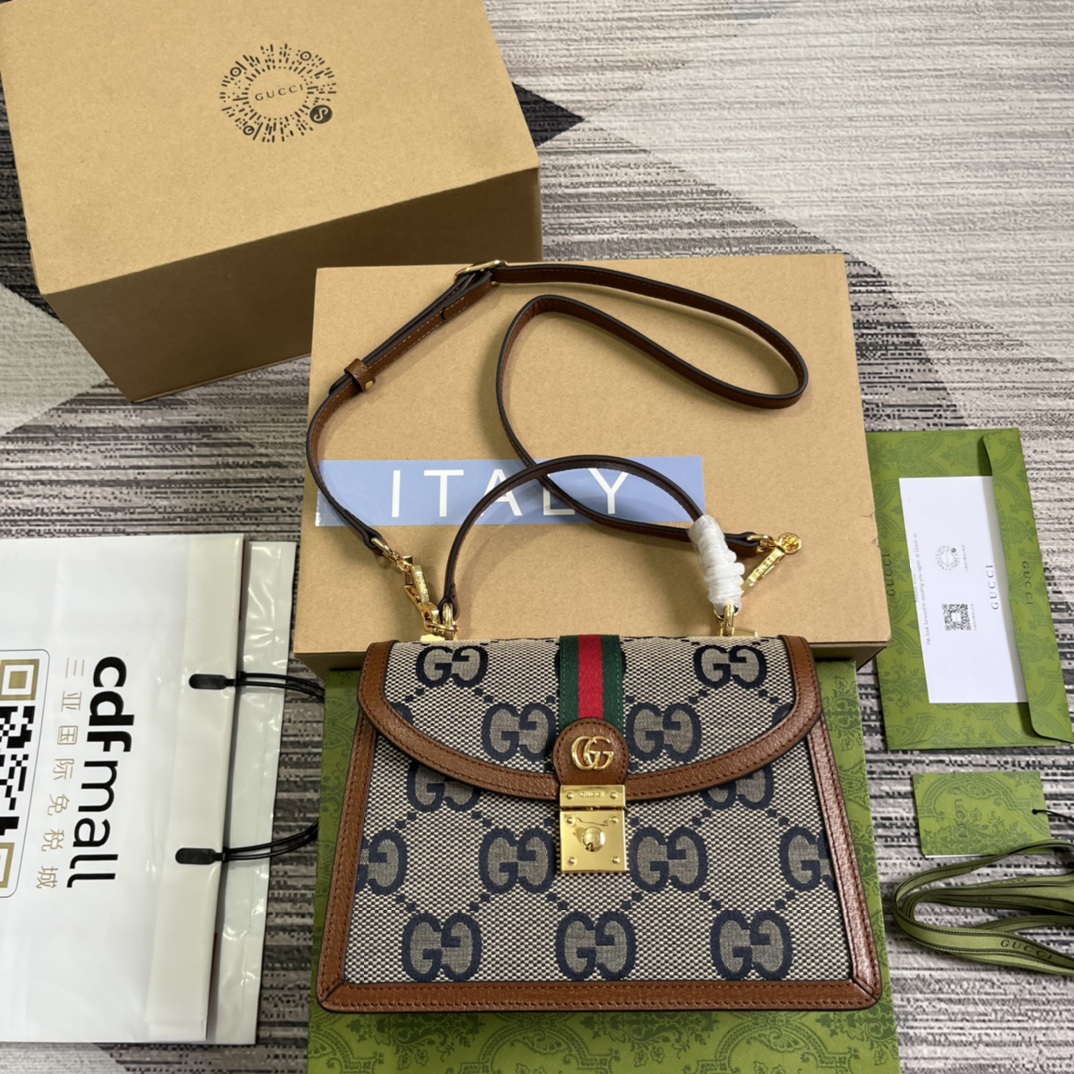 GUCCI Ophidia Sac à main Toile motif Double G Ruban rayé Détail Double G Bandoulière amovible - Qualité supérieure
