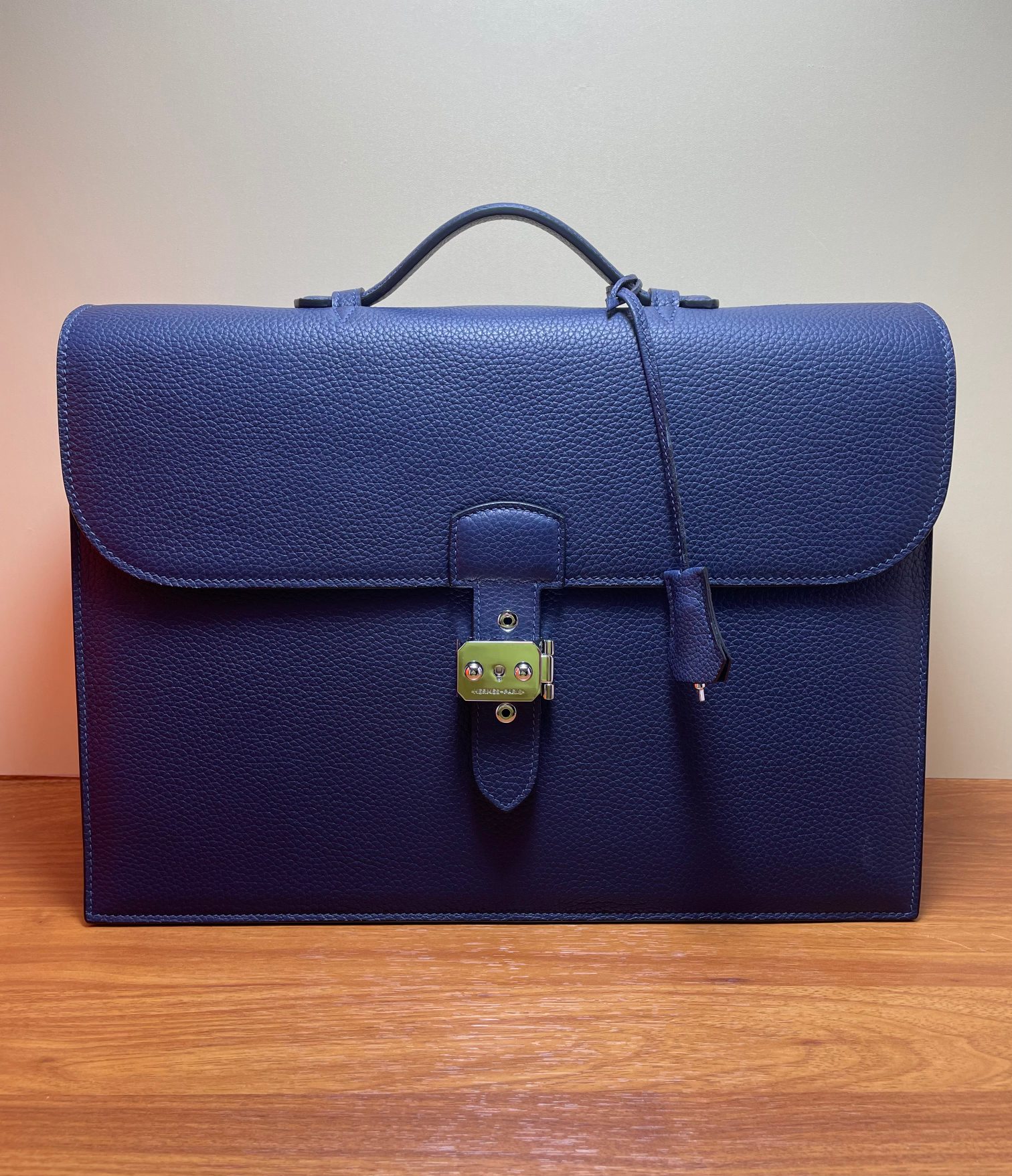 Hermes Men's Blue Leather Briefcase, Top-Handle Bag 39x28x12cm