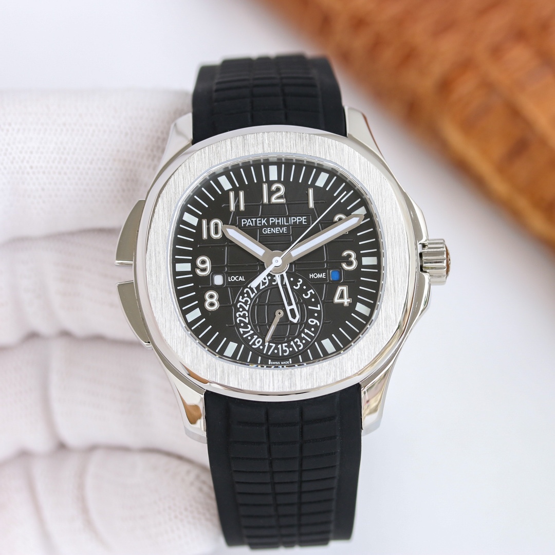 NO:143443,White shell, gold Patek Philippe Aquanaut series 5164A-001 watch has a modern and international complexity of time, which is more in line with the taste and needs of the younger generation. [Case] ​​40.8MM diameter, 11.8MM thickness, and is still made of Patek Philippe classic stainless steel material. The rounded octagonal shell is just right. The shark fin design on the left side of the case is a button that can quickly adjust the center hollow hour hand. This hand can be used to indicate the second time zone time. [Dial] Black embossed dial, metal three-dimensional fonts, and fluorescent coated hour markers. The square day and night view windows of 