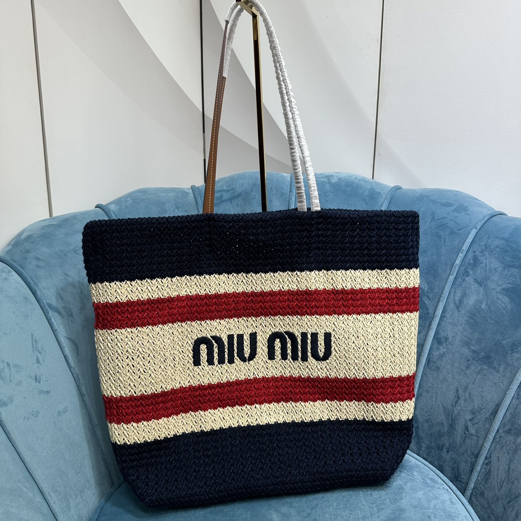 MiuMiu 7 Star
 Tote Bags Embroidery Cotton Raffia Straw Woven Weave