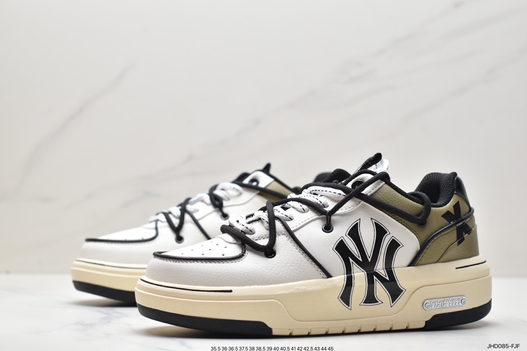 MLB Chunky Liner New York Yankees Senior Shoes Series Low-top Daddy Style Lightweight Height-enhancing Thick-soled All-match Casual Sports Jogging Shoes ”Leather White and Black NY Print” 3ASXCDN3N (GP002C)