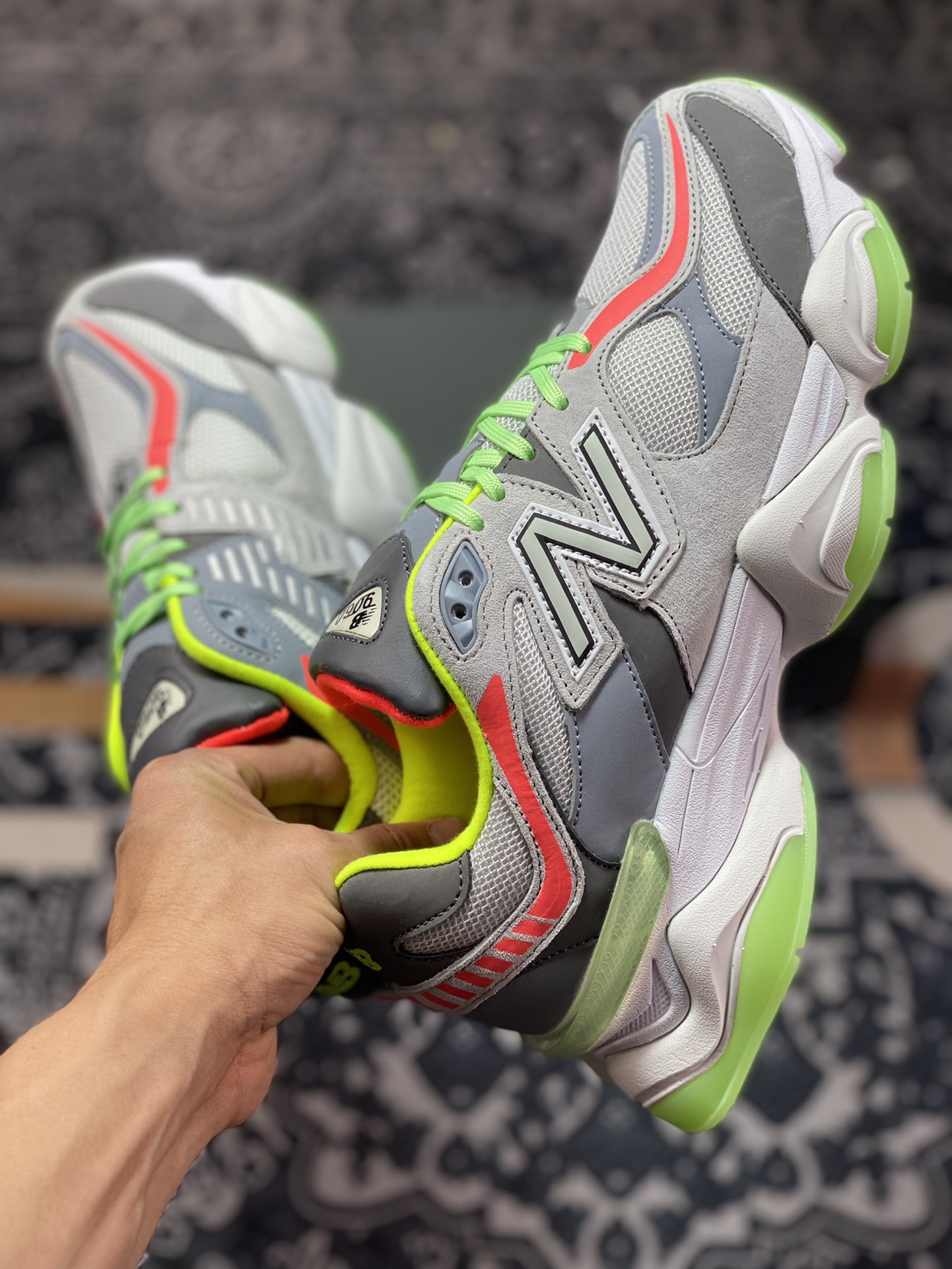 New Balance 9060 ”Noctilucence” series retro all-match dad running shoes ”gray bright yellow fluorescent green red luminous bottom” U9060DGG