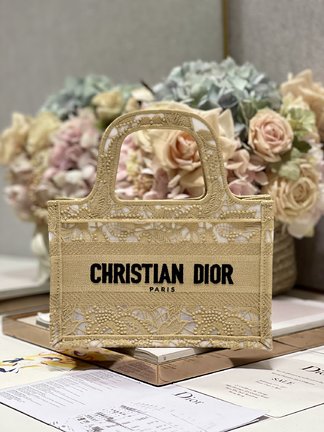 Dior Book Tote Tote Bags Online Sales Apricot Color Embroidery Gauze Vintage Mini